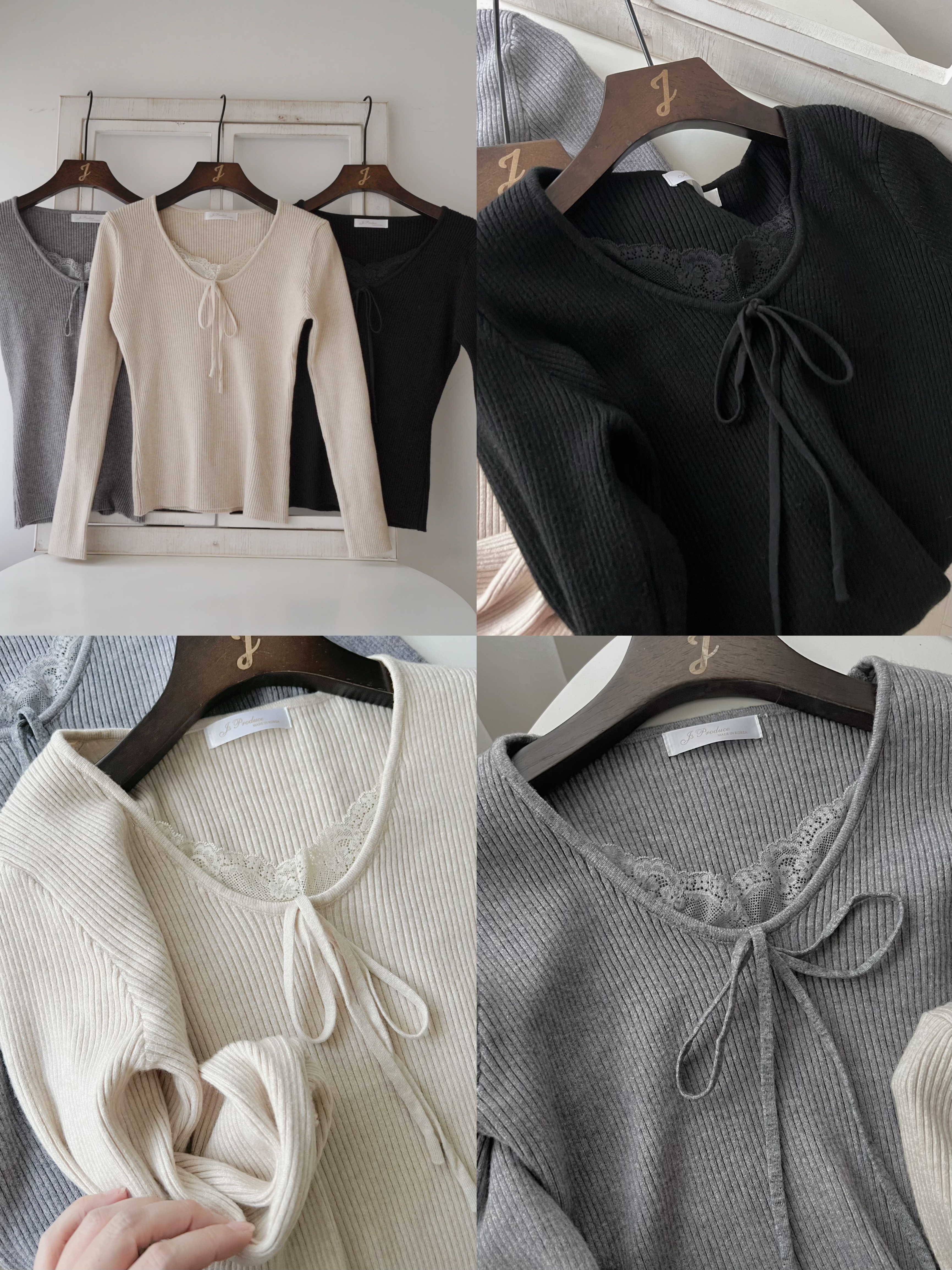 超修身♡蕾絲拼布針織上衣(KR)灰色315653