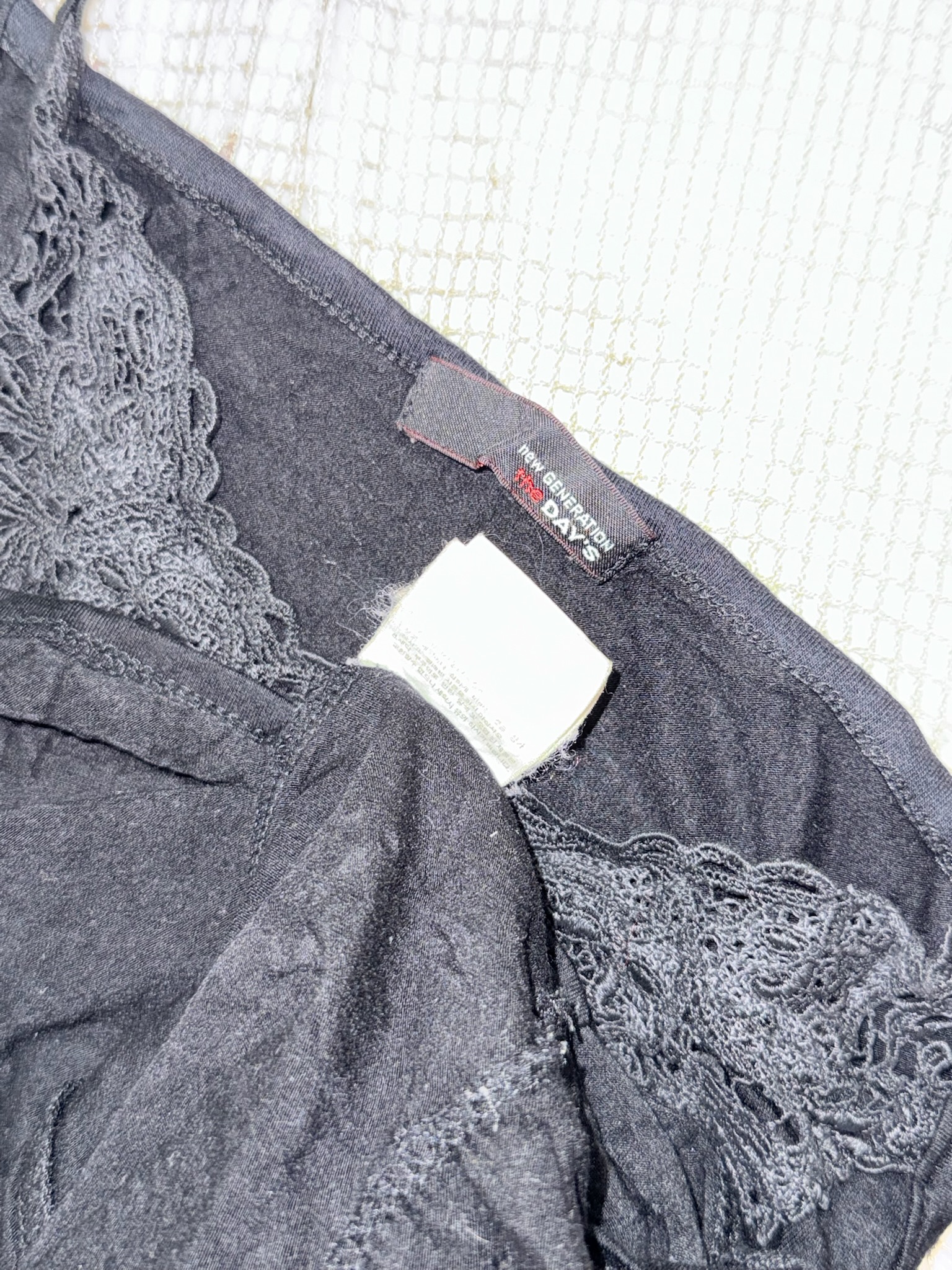 Grunge Black Cami Top with Contrast Stitching & Lace