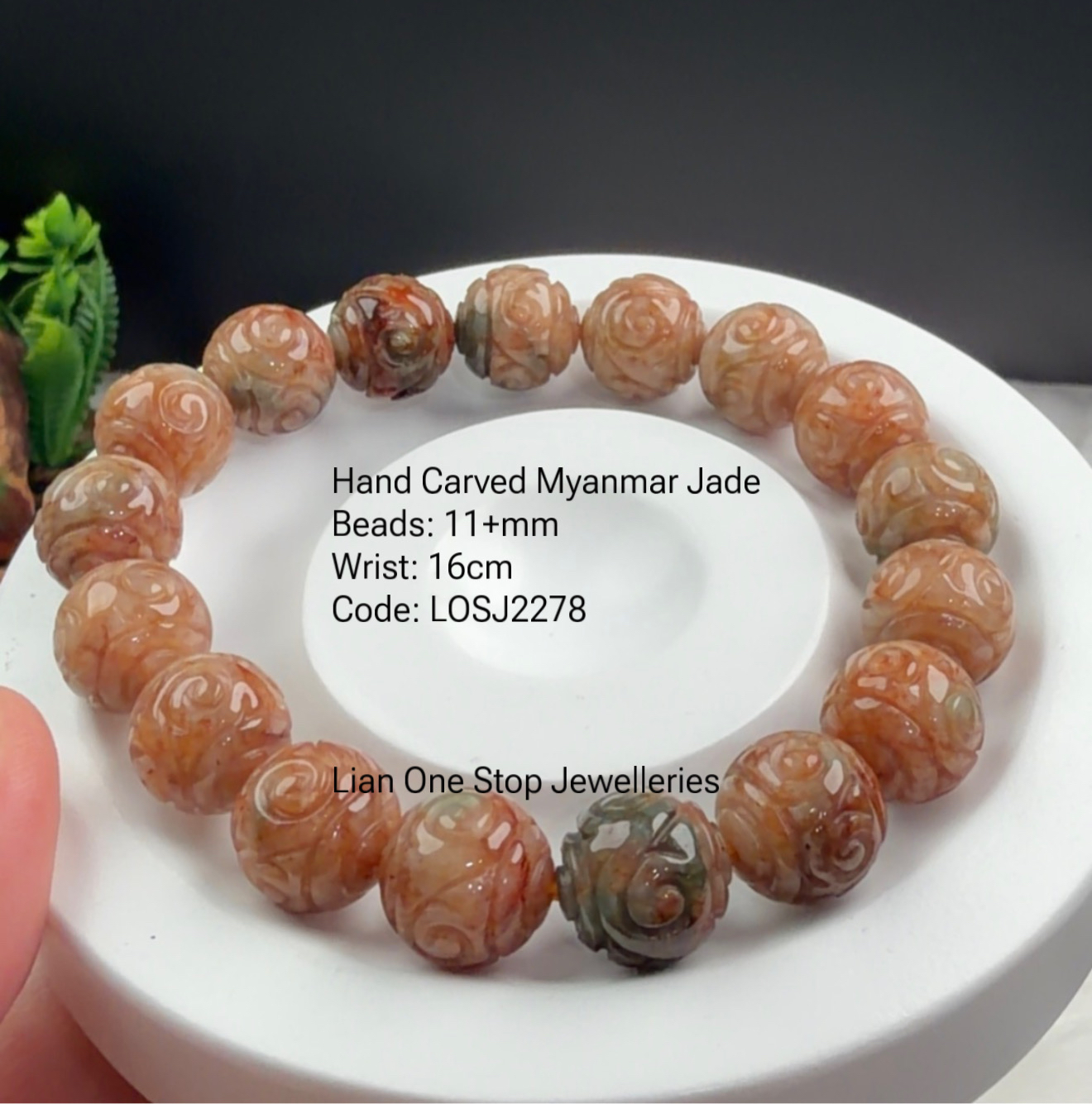 Code: LOSJ2278 Hand Carved Myanmar Jade 11+mm