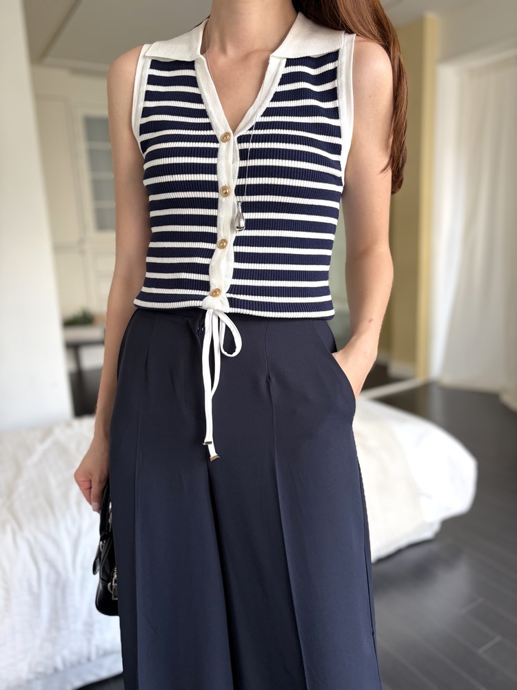 [超涼!!] Contrast Belt Wide Leg Slacks (Navy)