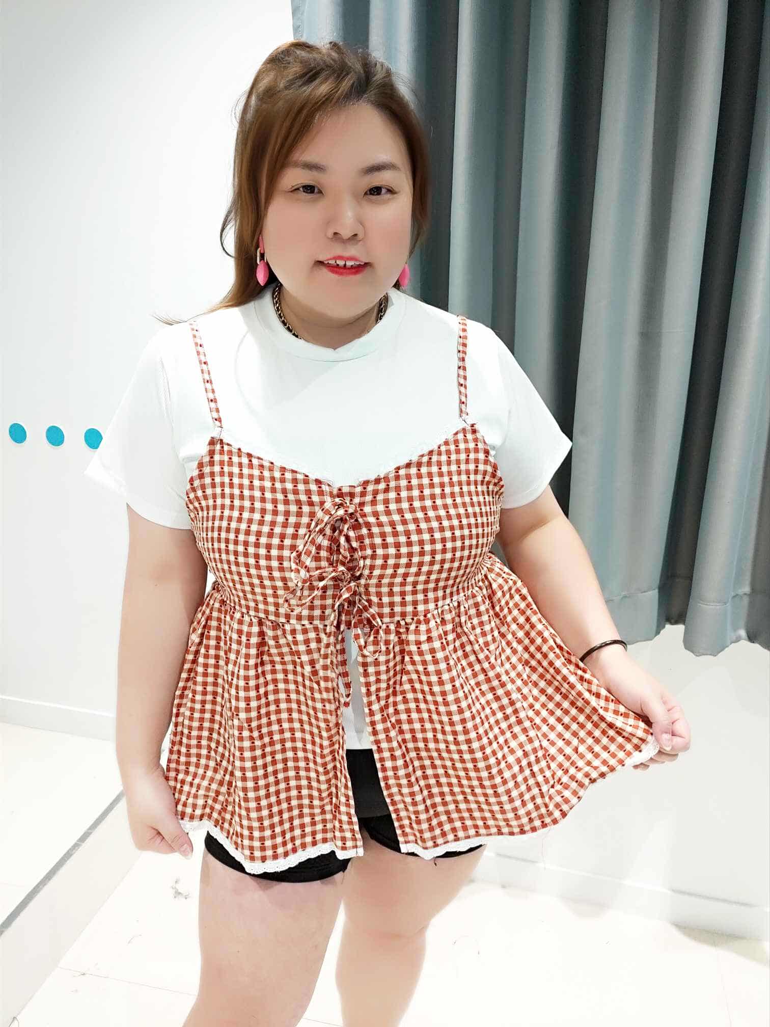 DSB12 绑带格子可调节肩带设计两件套上衣