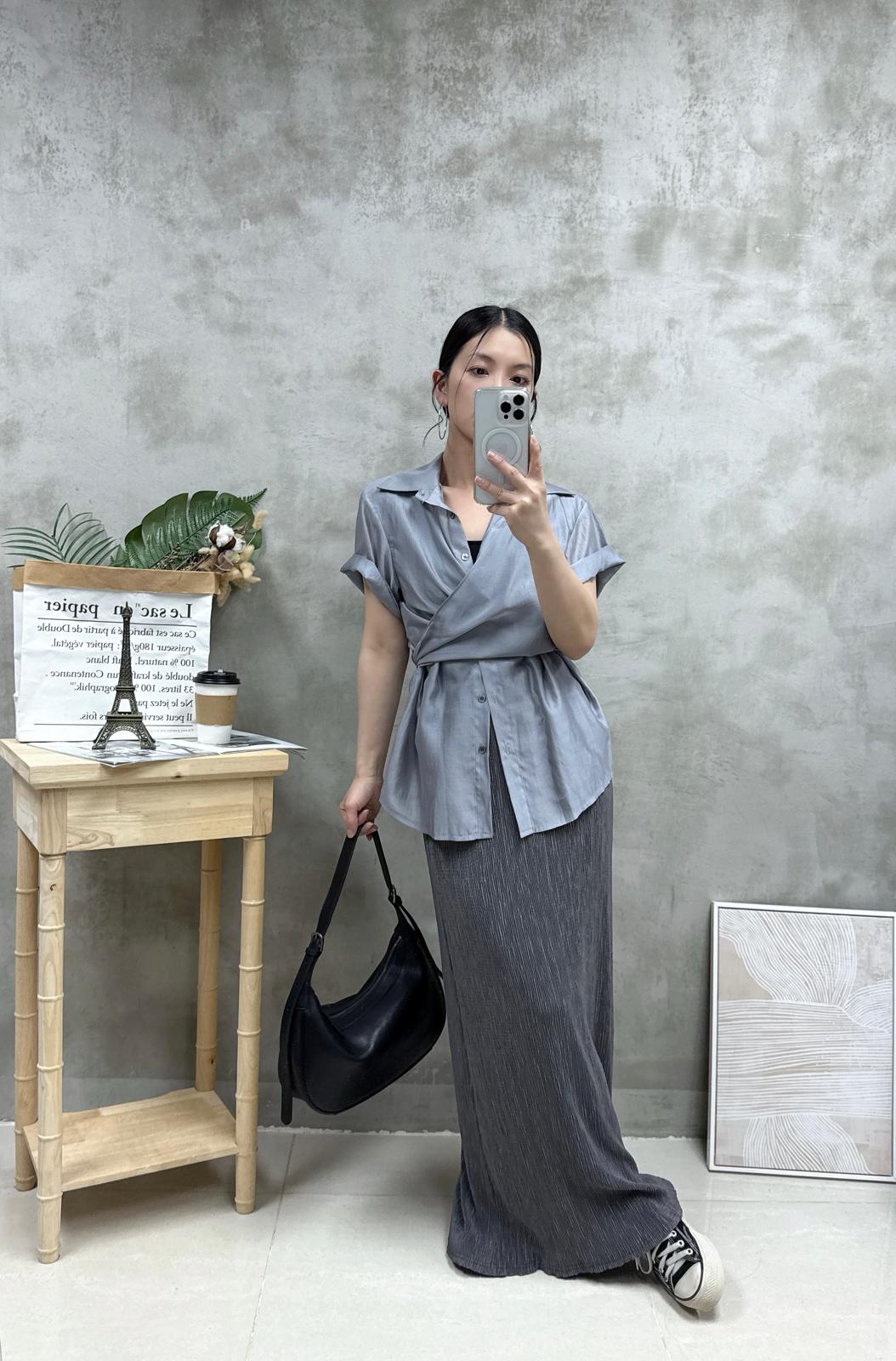 G02 交叉綁腰絲質恤衫