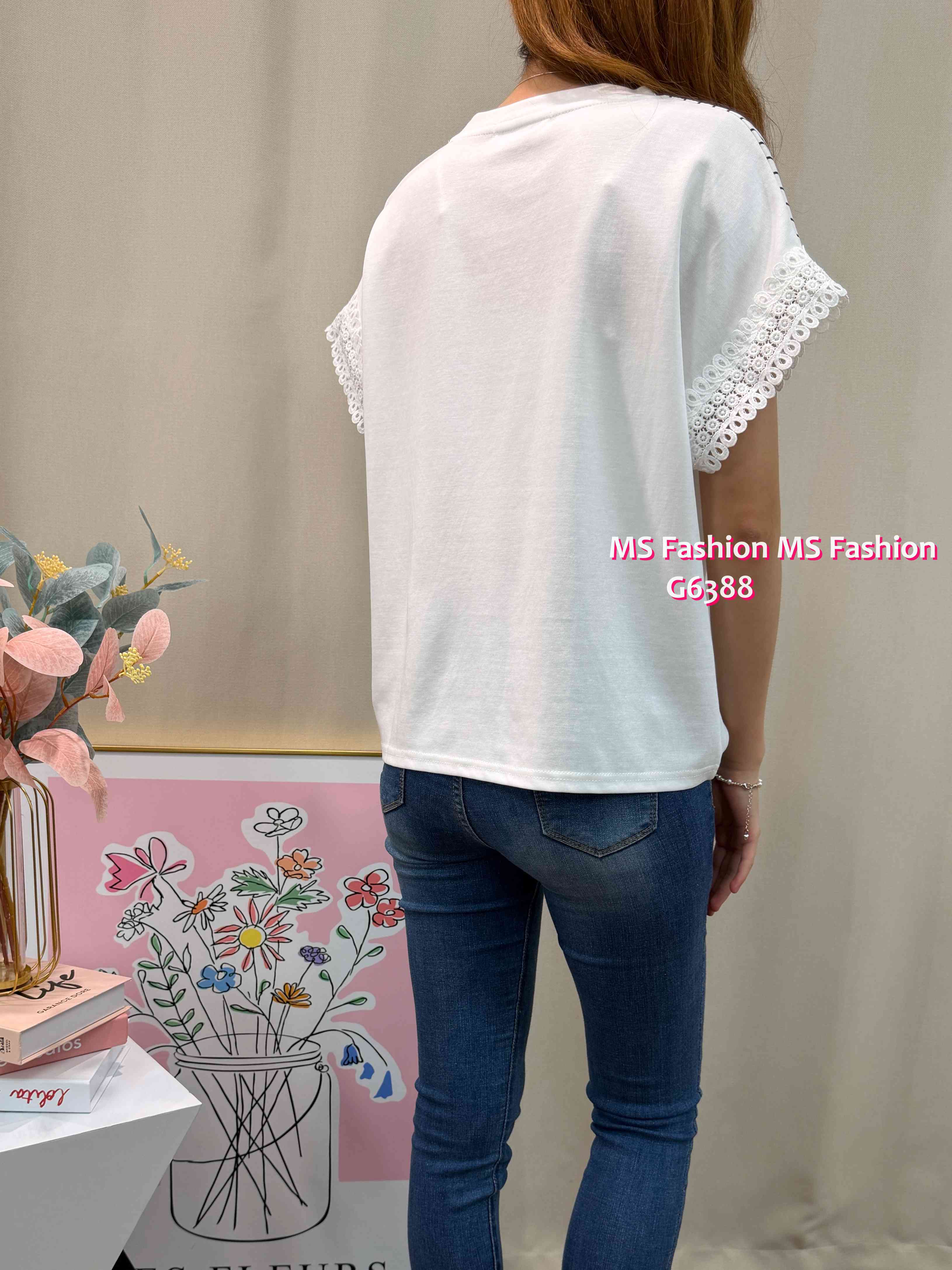 G6388 拼條子通花袖top