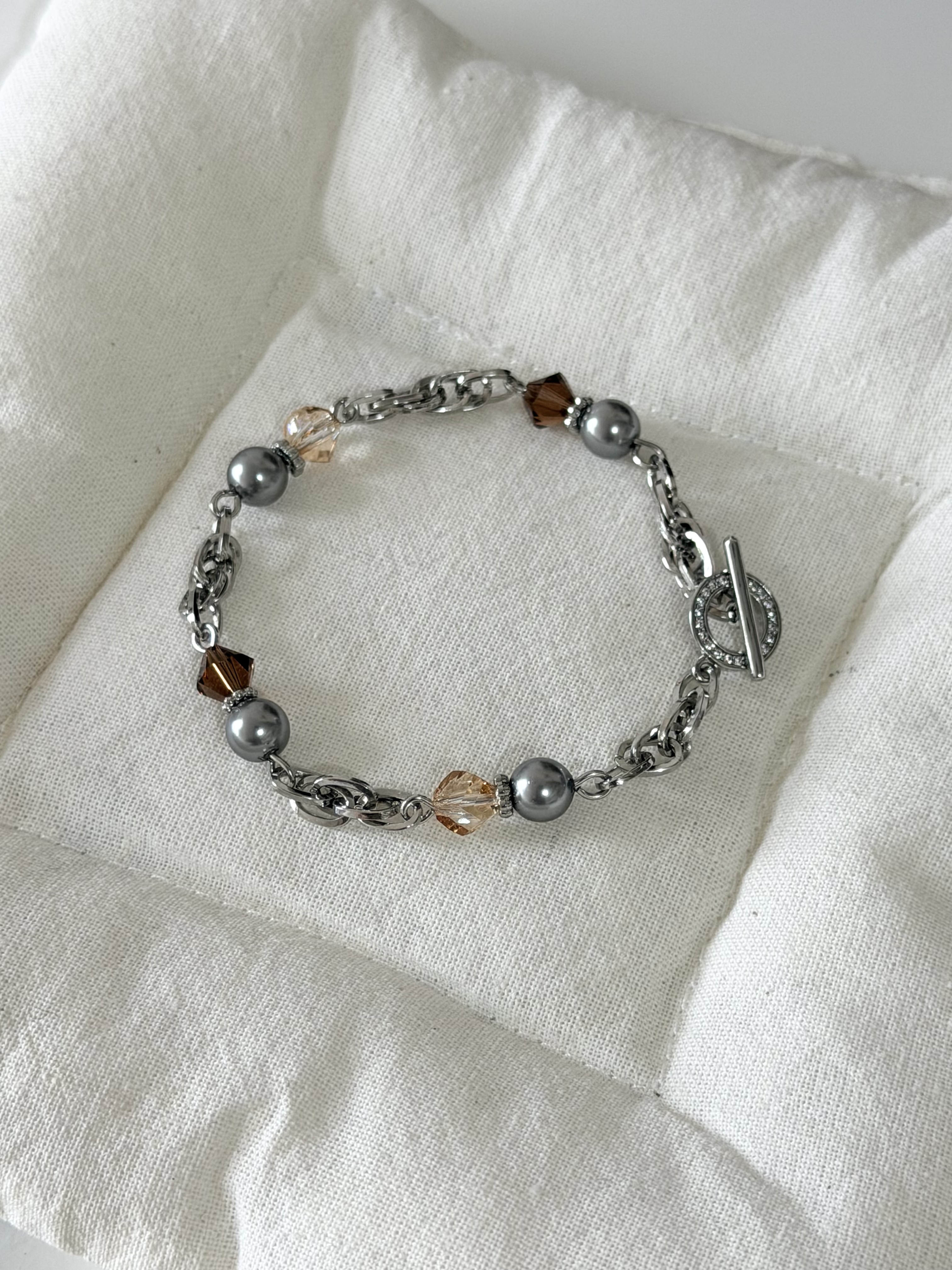 復古款水晶手鍊/棕色x銀色