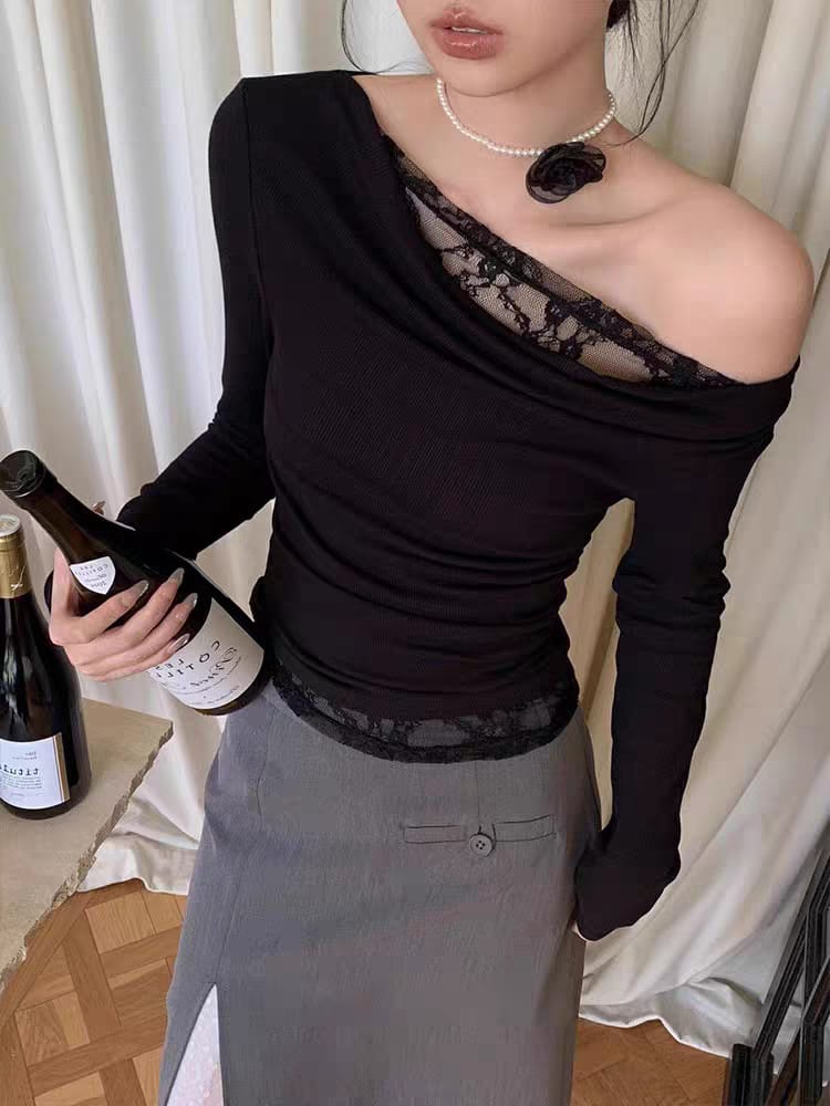 Off-Shoulder Lace Trim Fitted Top‖ 一字肩蕾丝拼接设计感长袖上衣 KR013735