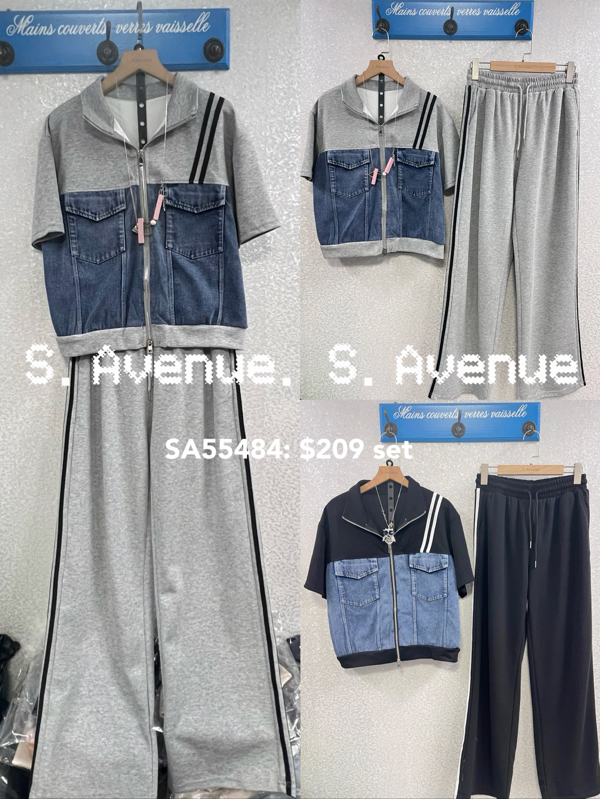 SA55484: 短袖拼牛仔拉錬外套配間邊長褲套裝