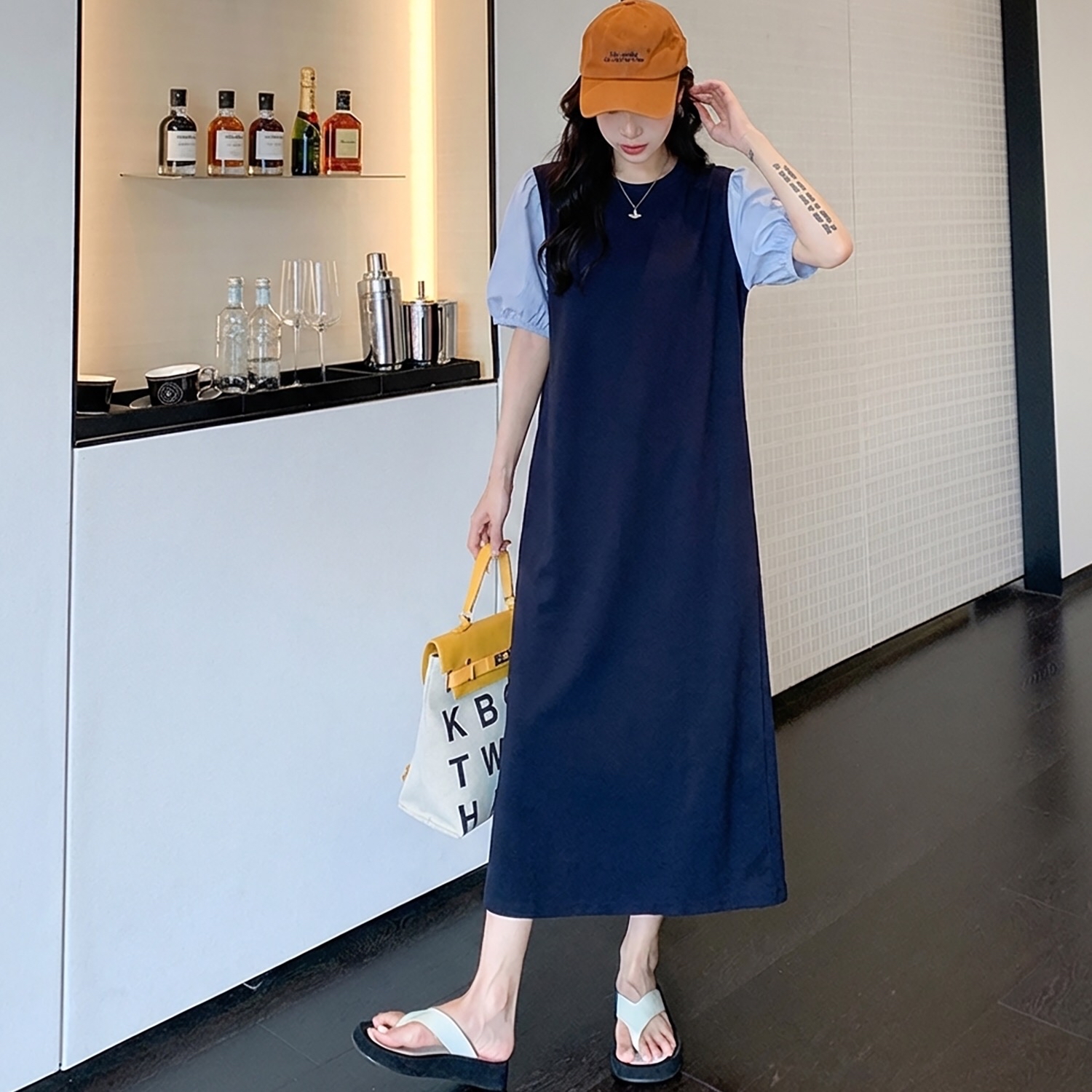 B453(61093) 韩系减龄拼接撞色泡泡袖蓝连身裙