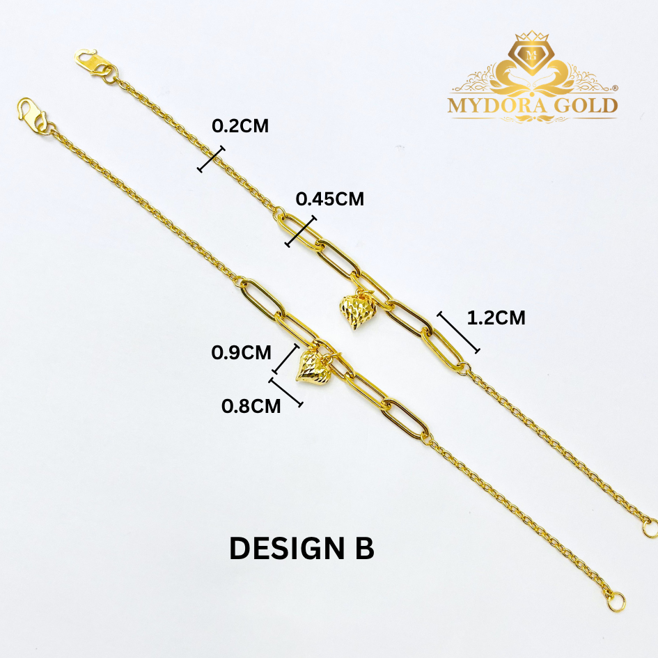MYDORA Rantai Tangan Fesyen Sauh Paperclip + 1 Love Gemuk l EMAS 916/22K