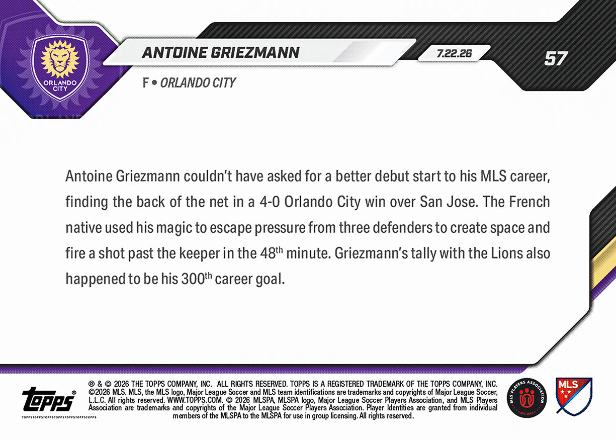 Antoine Griezmann - 2026 MLS Topps Now #57 Orlando City 處子戰入球卡【團購】