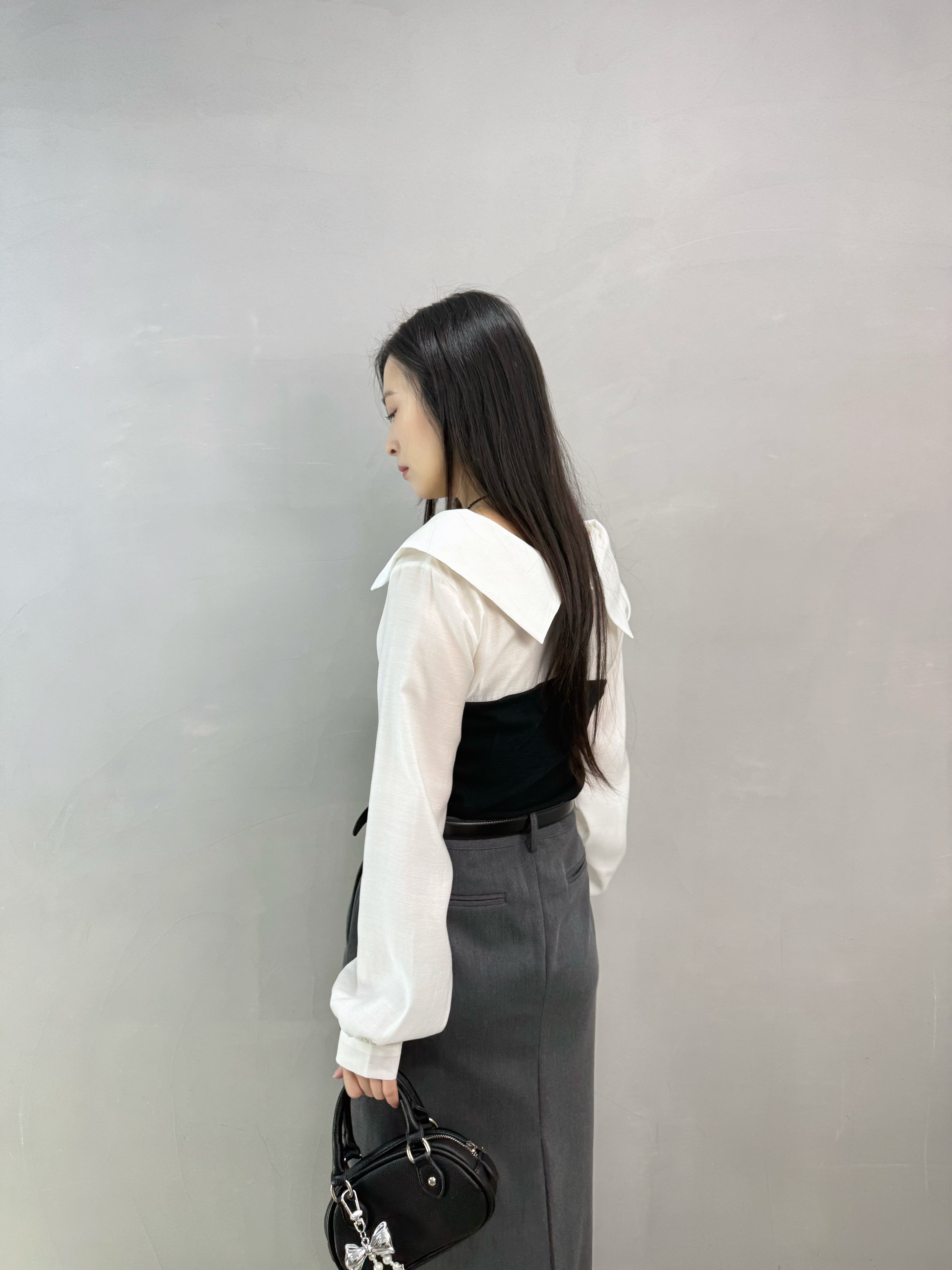 F03 恤衫拼棉質+腰帶Top