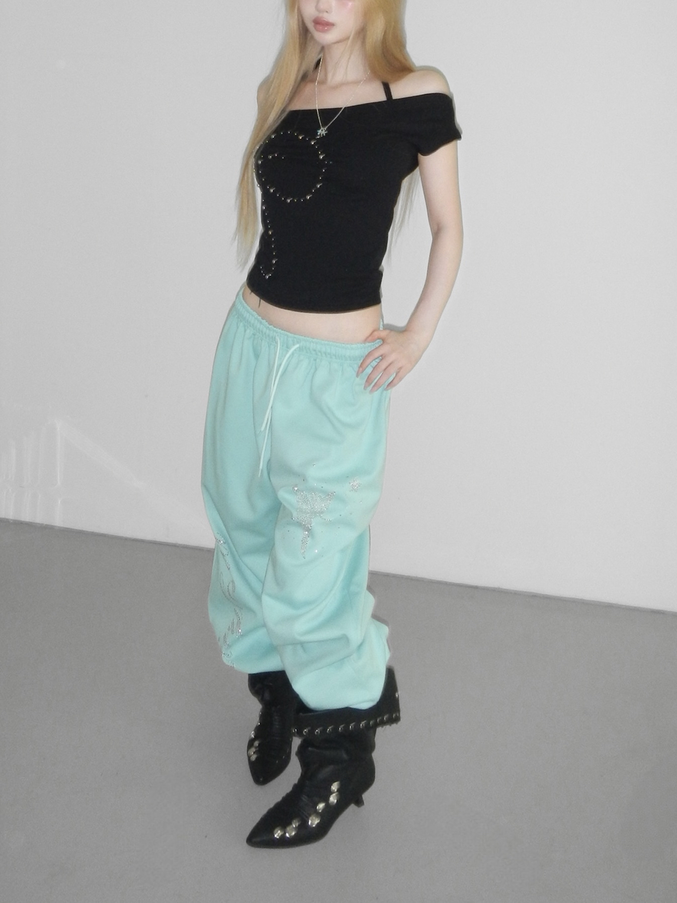Rhinestone Graphic Wide-Leg Pants