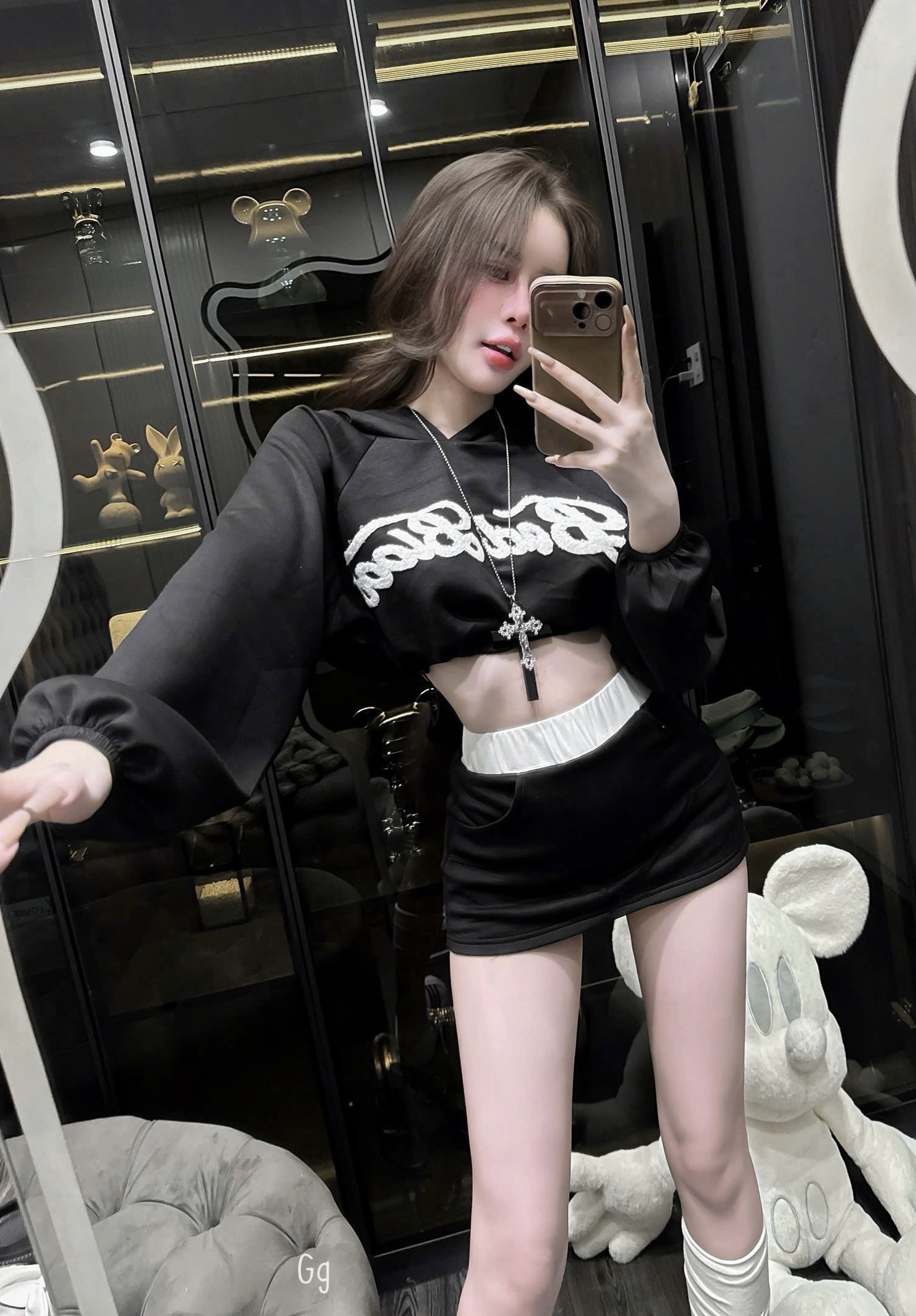 連帽衫长袖上衣+高腰短裙两件套