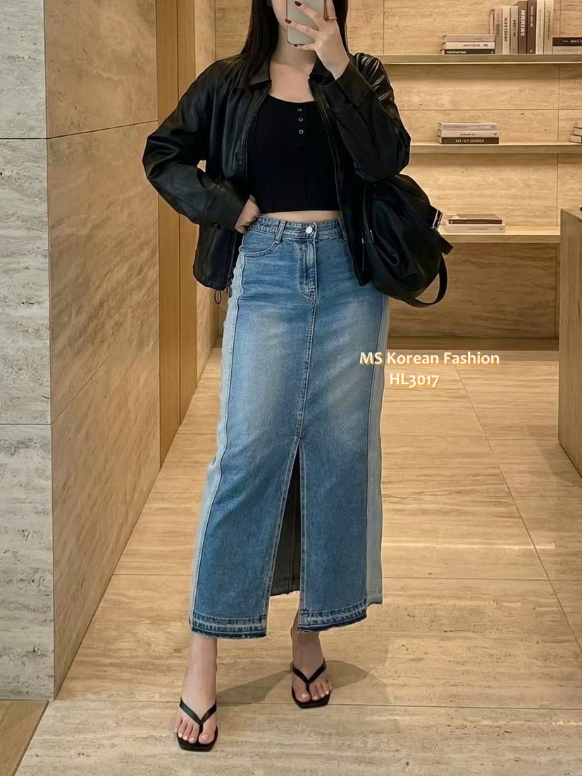 HL3017 韓國🌼Howluk前開叉拼色中長牛裙