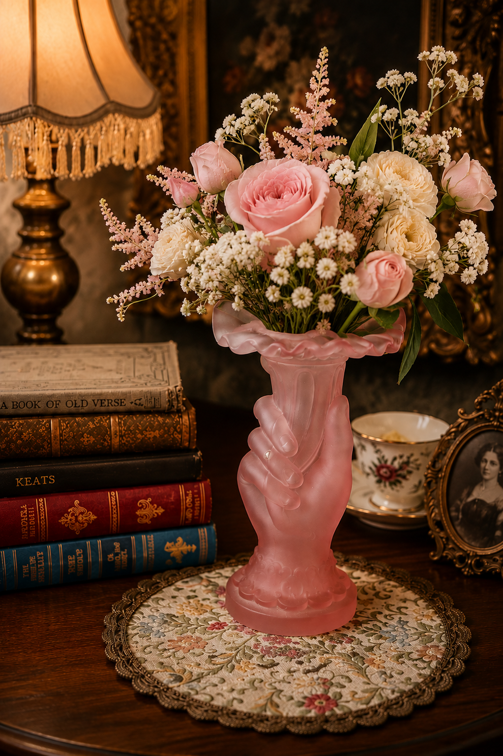 Rare! Antique 1920s Art Deco Blossom in Lady's Hand Pink Frosted Glass Vase (MT2189)
