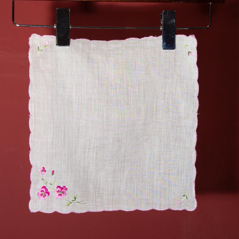Vintage Unused Handkerchief with Pink Embroidery (EX092)