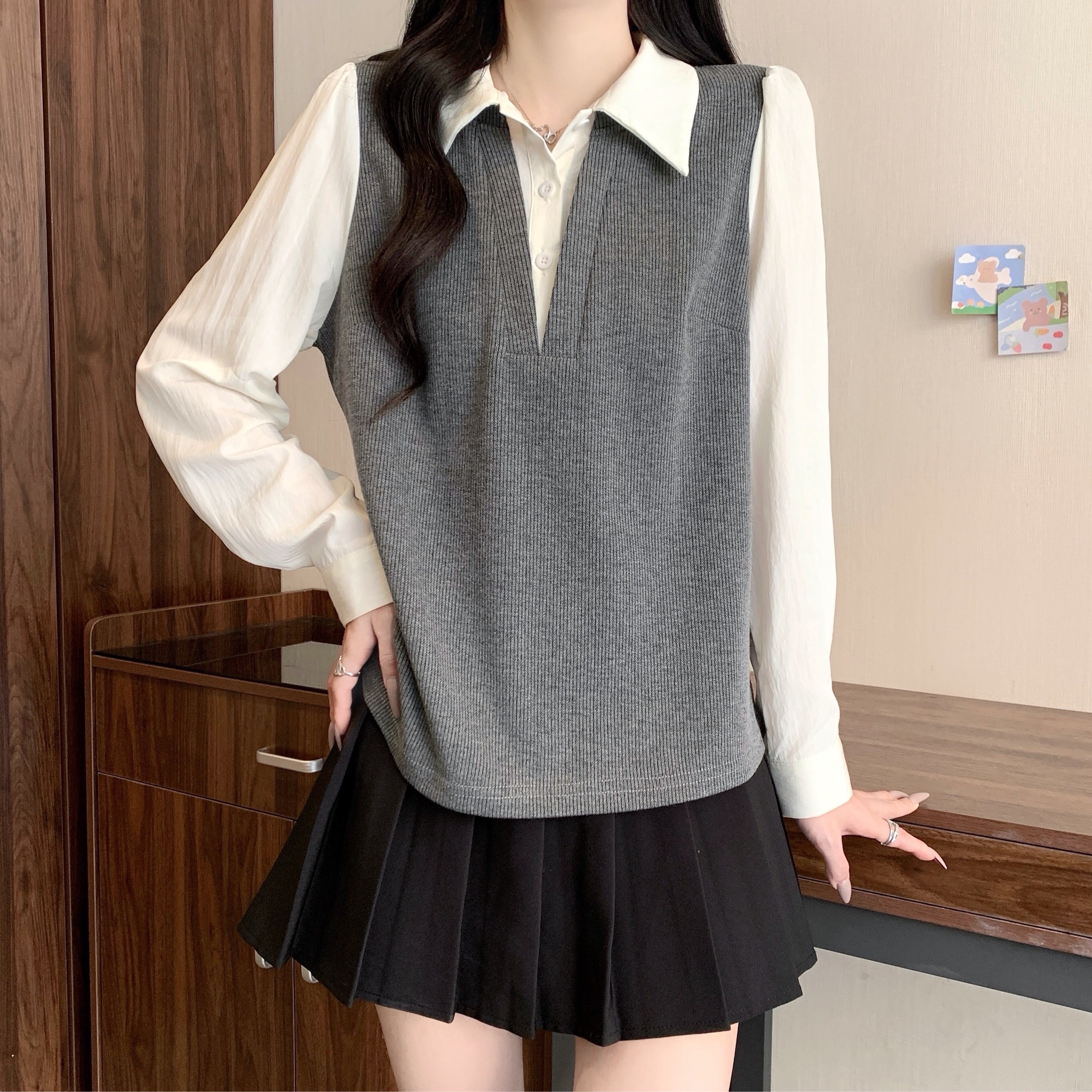 B52(80705) 韩系时尚撞色假两件拼接叠穿长袖衬衫灰蓝上衣