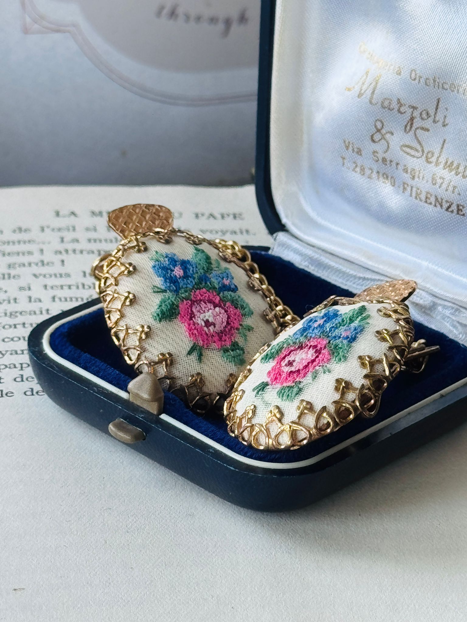 Rare! C.a.1960s Petit Needlepoint Pink Rose Sweater Clips (MT2592)