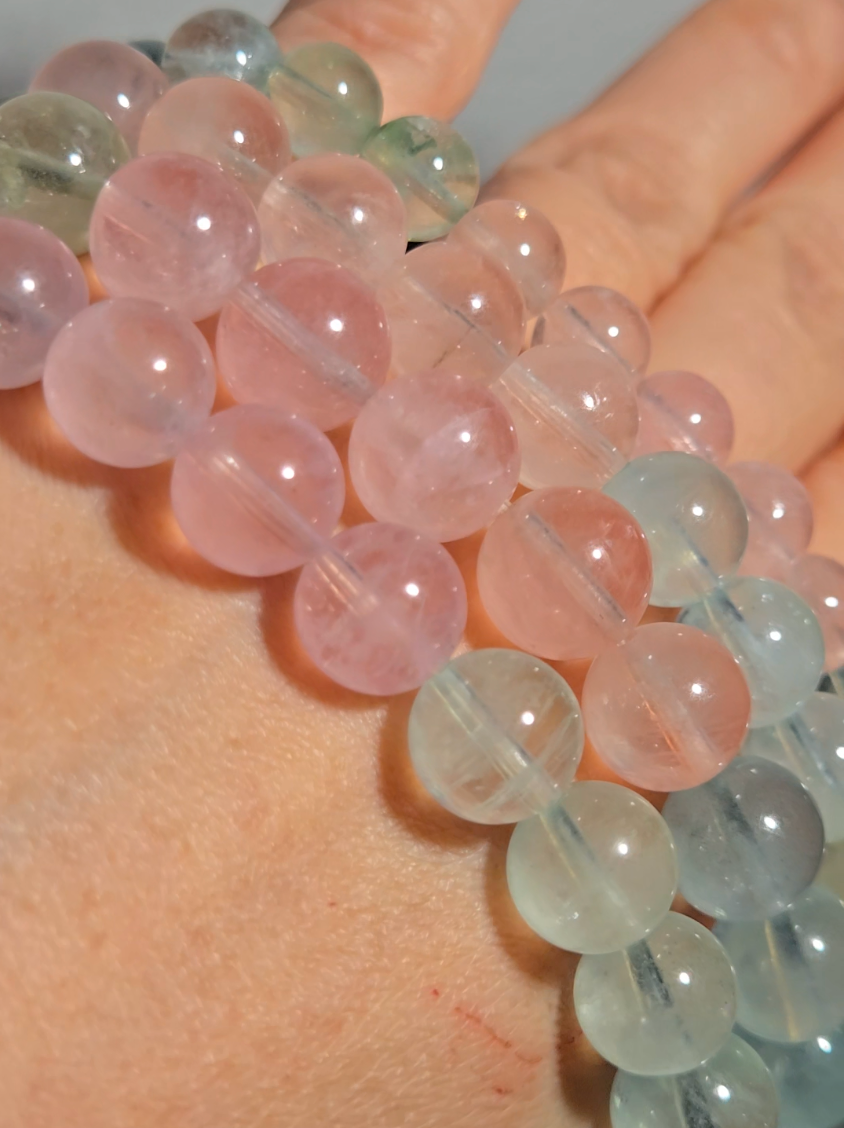 Morganite bracelets with 9mm beads in pink, blue, and green - MGN21