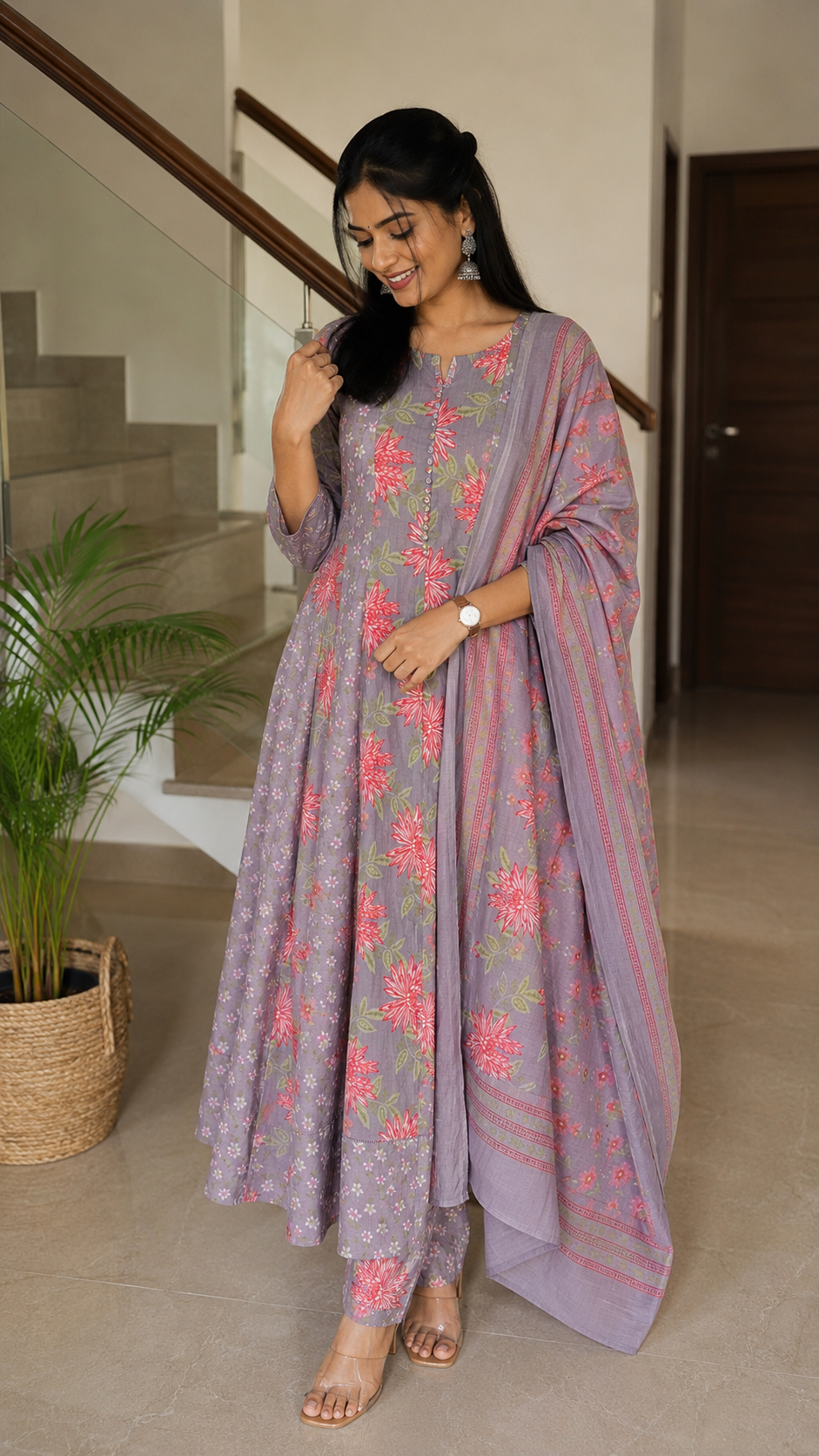 Lilac flower print Anarkali Kurta Set