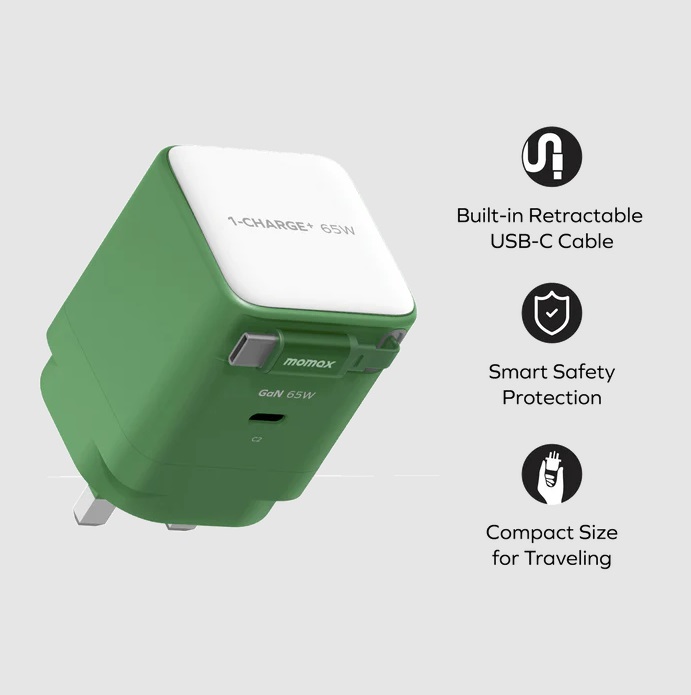 Momax 1-CHARGE+ 1 連接埠 GaN 65W 充電器，附可伸縮 USB-C線-UM76