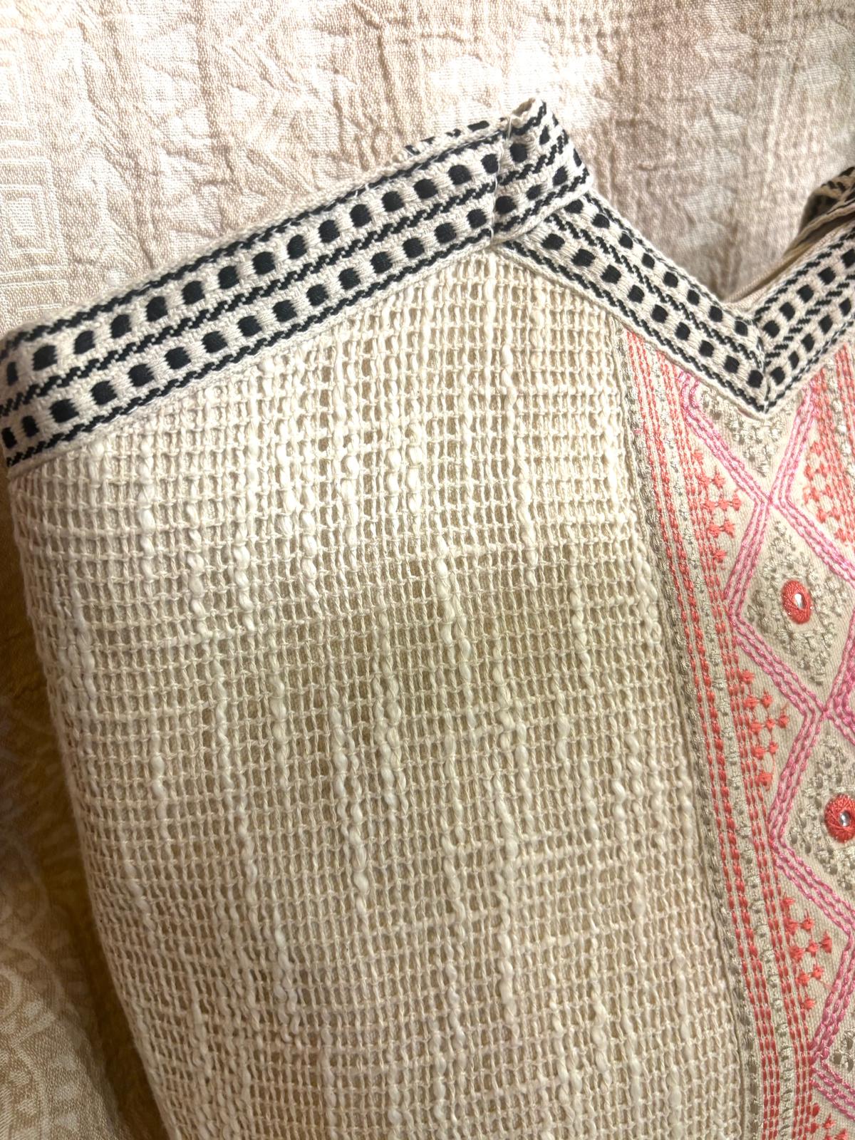 印度製造 - 米白色棉麻暗格仔紋刺繡袋