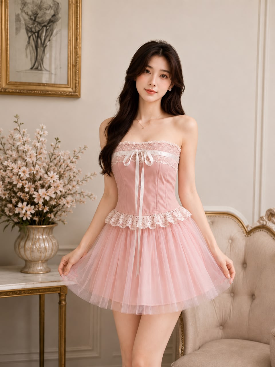 A150758 Sweet Princess Aesthetic Pink Two-Piece Set – Delicate Strapless Top with Fluffy Layered Tulle Skirt