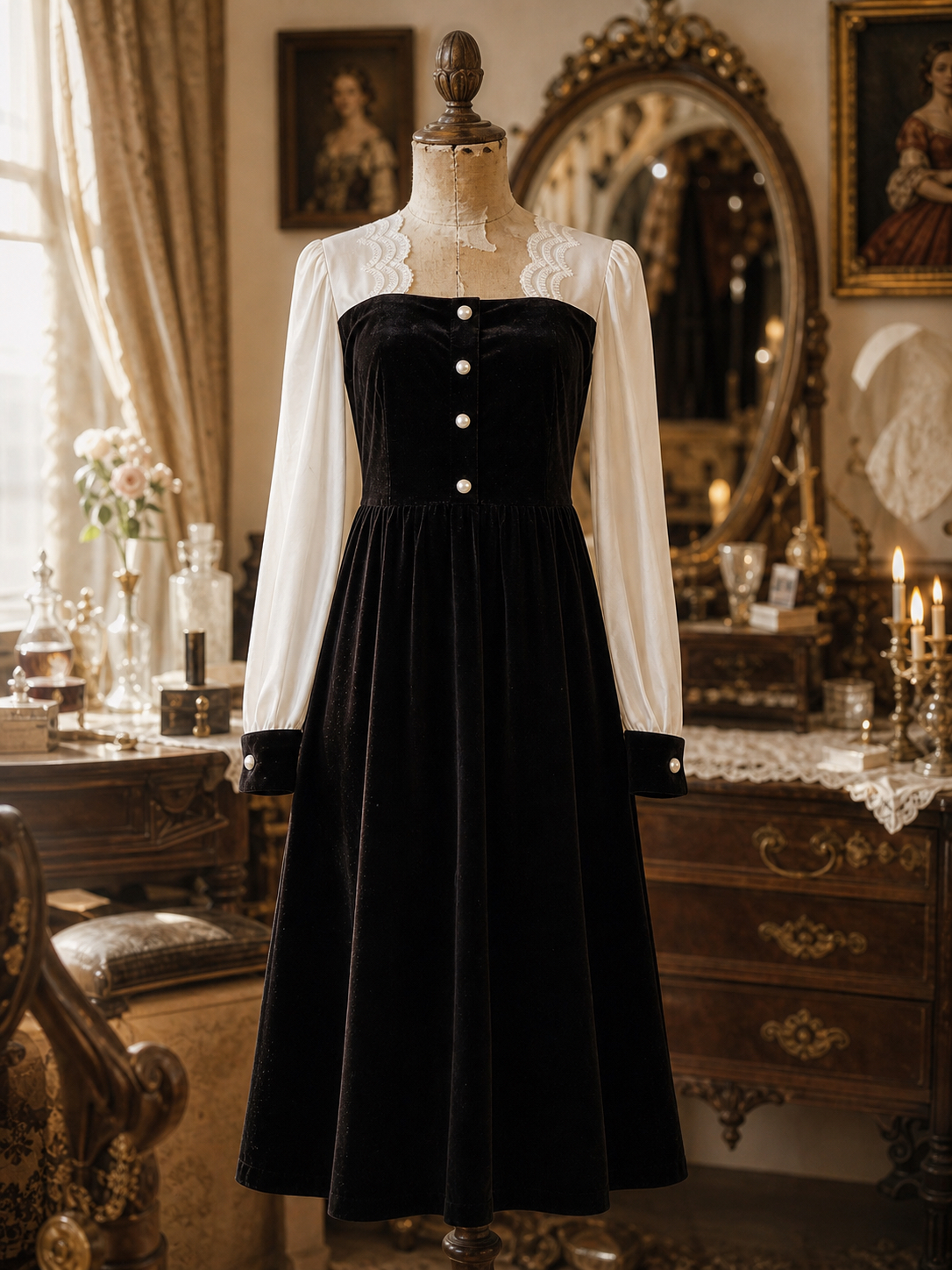 歌劇院的魅影 ∙ 拼接蕾絲方領絲絨長袖連身裙 Phantom of the Opera ∙ Contrast Embroidery Square Neck Velvet Long Sleeve Dress