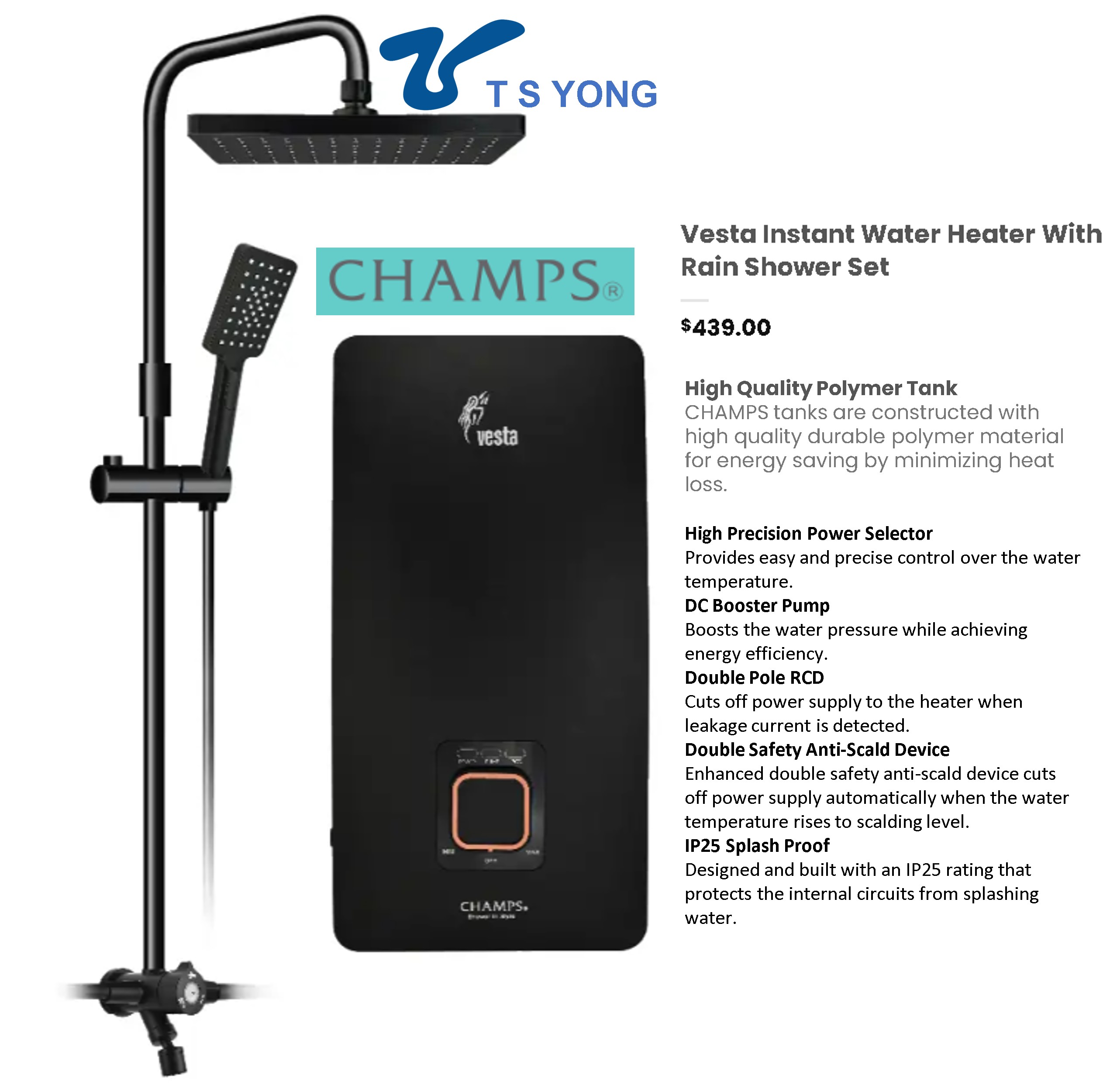Champ Vesta Instant Water Heater With Rain Shower Set