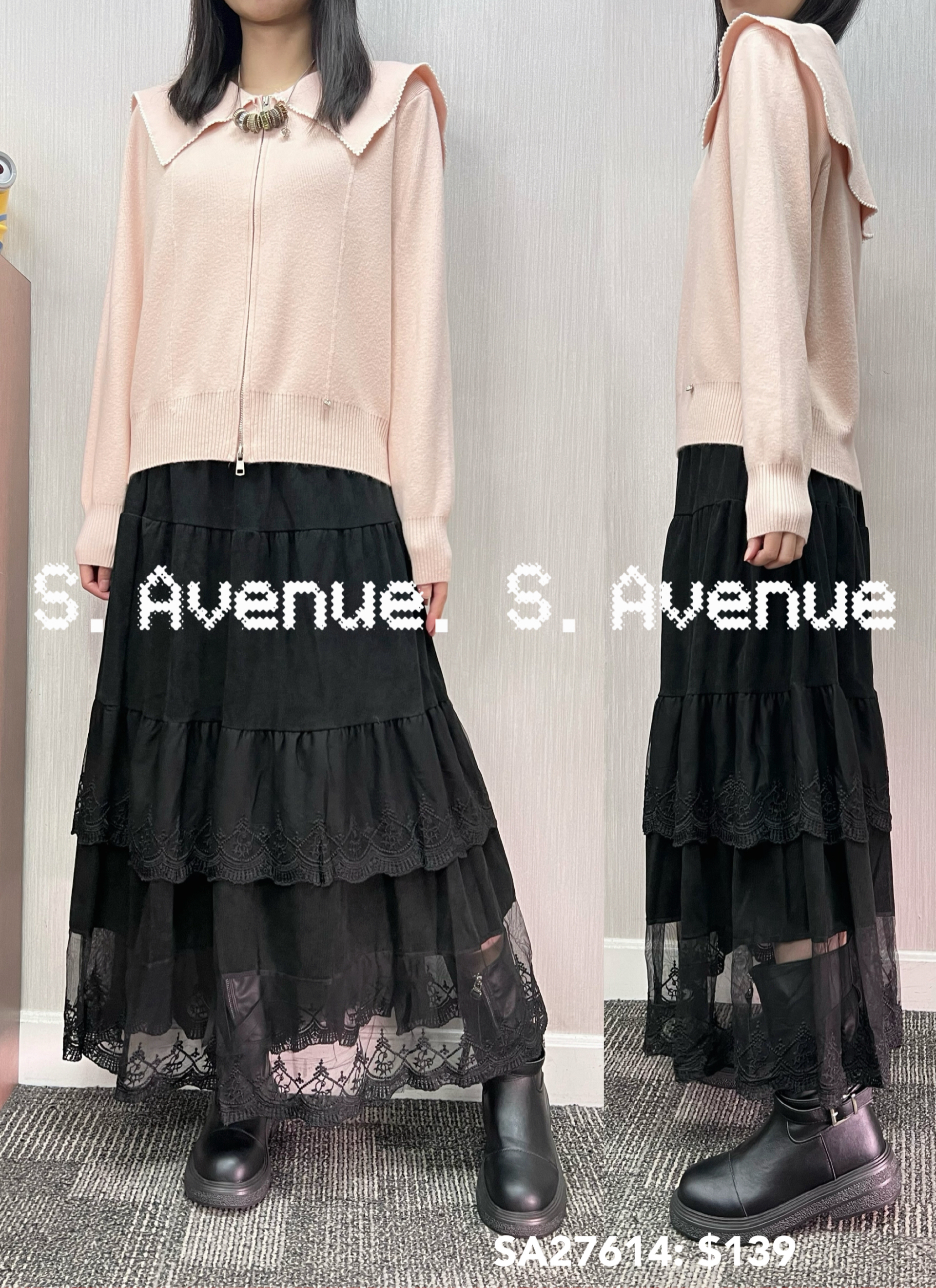 SA27614: 長袖水手領撞色邊前有骨拉鍊top