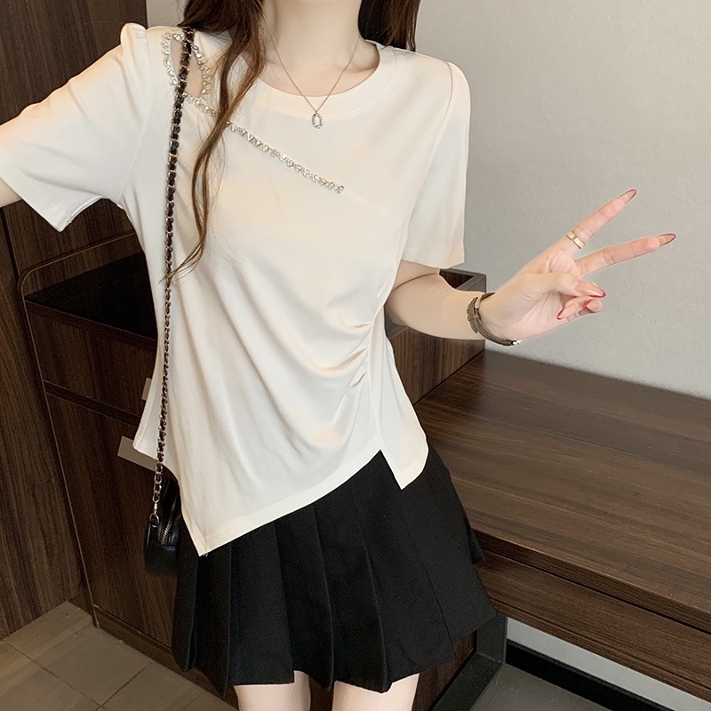 B317(36900) 法式别致肩边镂空斜排ZICZAC银钉下摆斜角4色上衣