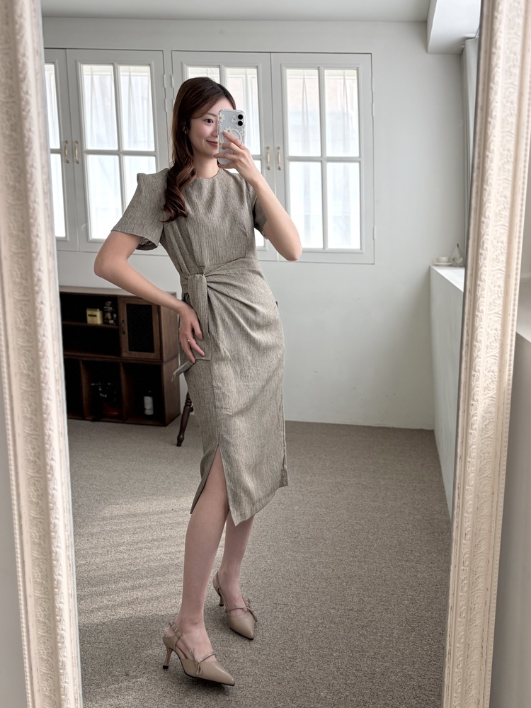 Elise Draped Slit Dress (Khaki)