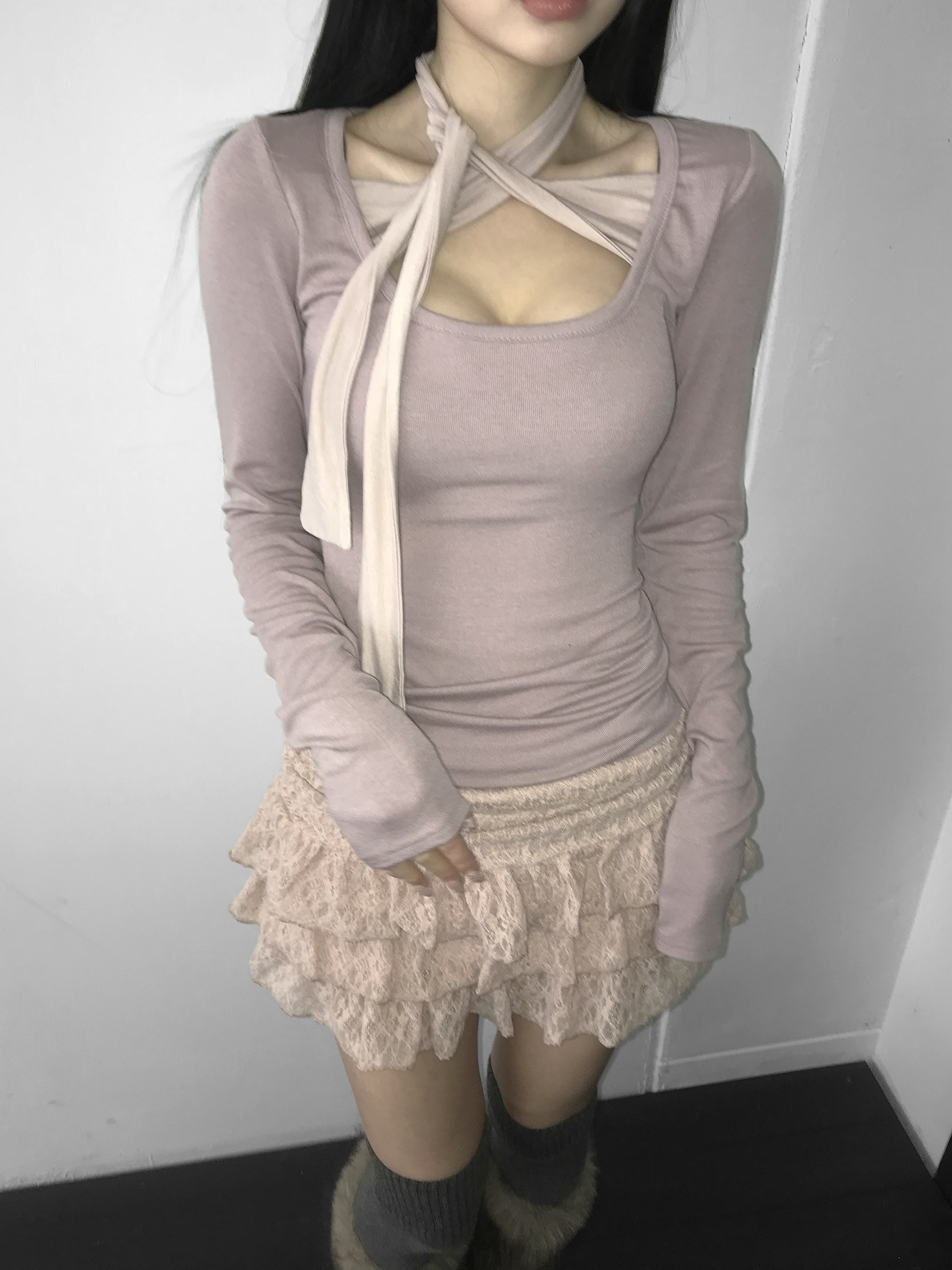 Tie-Front U Neck Long Sleeve Top