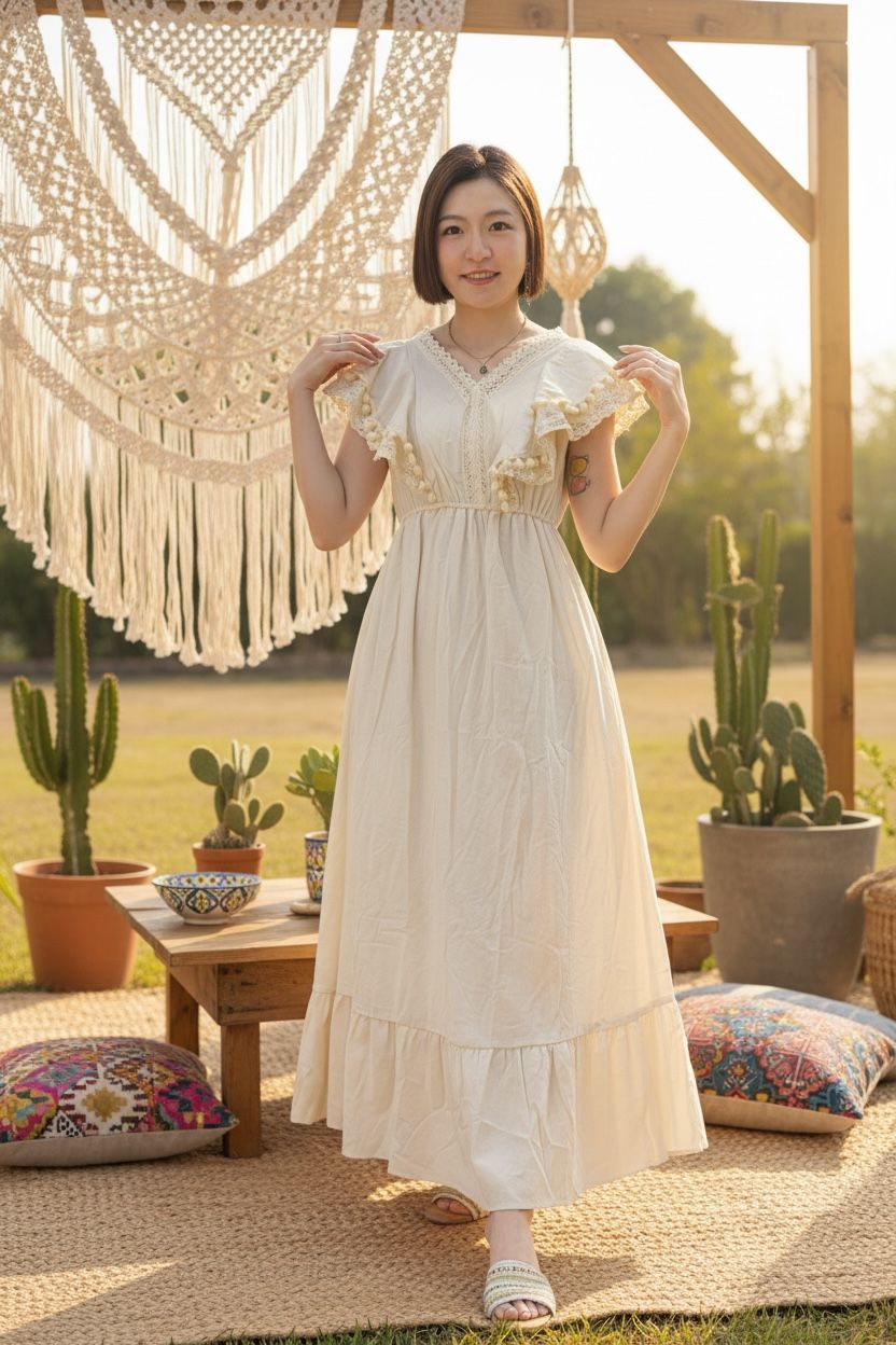 2014 Beige V Neck Ruffles Rubberband Waist OP 48" 