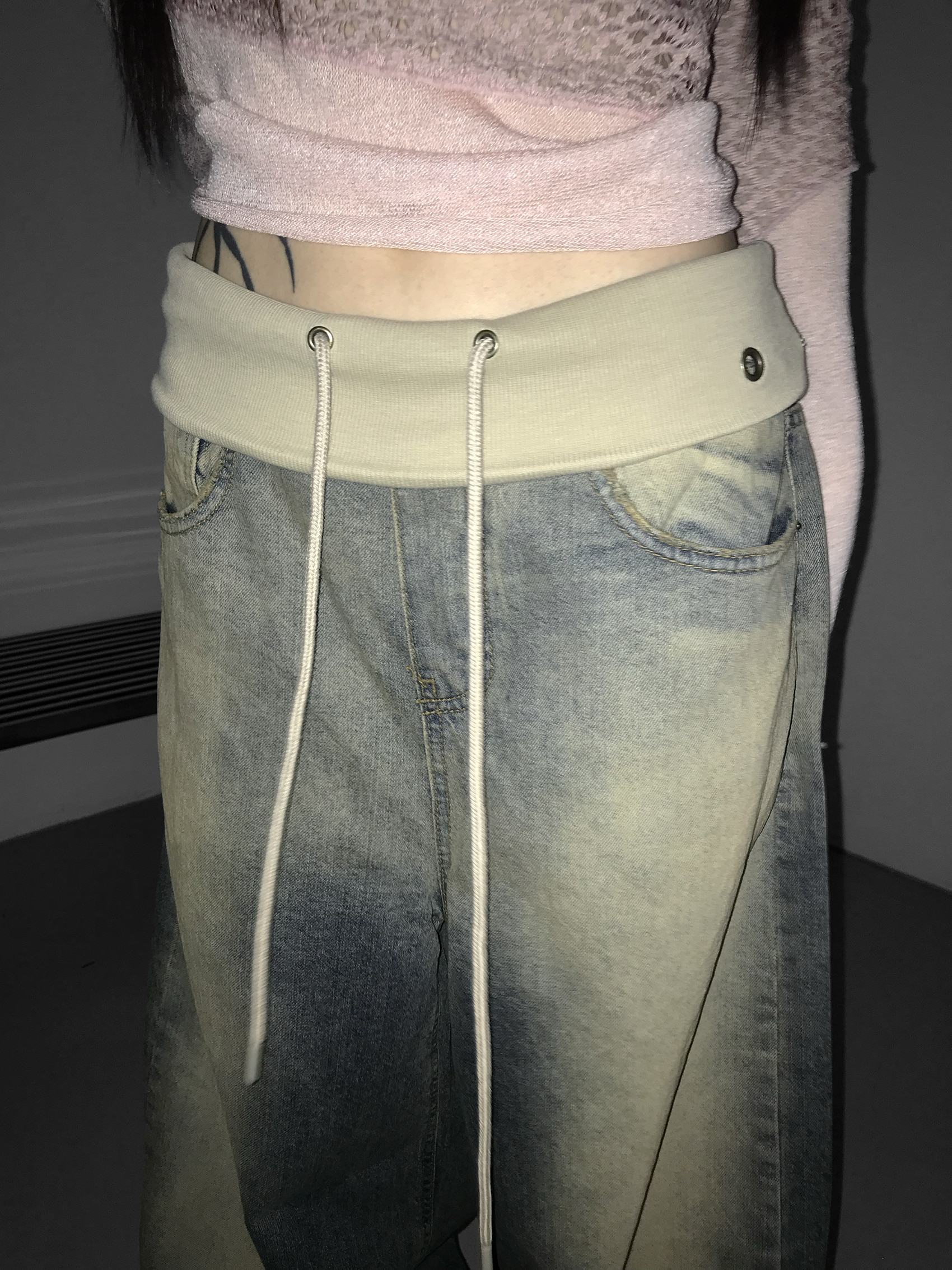 Vintage Washed Foldover-Waist Denim Pants