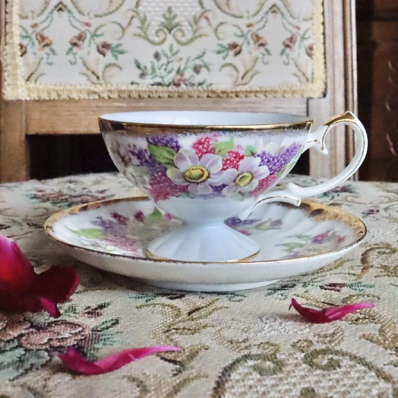 C.a. 1950-60s Japanese Shafford Hand Decorated Pink & Purple Footed Tea Set Duo (MT1682)