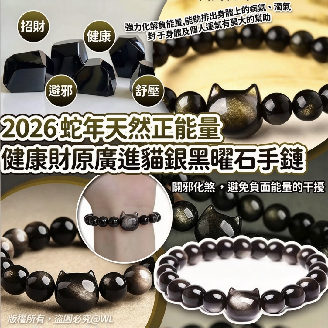 【現貨】2026 蛇年天然正能量健康財原廣進貓銀黑曜石手鏈