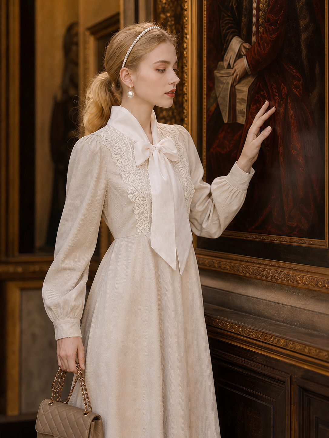 溫莎莊園的冬日絮語 ∙ 古董米色幼燈芯絨蕾絲蝴蝶結連身裙 Whispers of Windsor Manor ∙ Vintage Beige Fine Corduroy & Organza Bow Dress