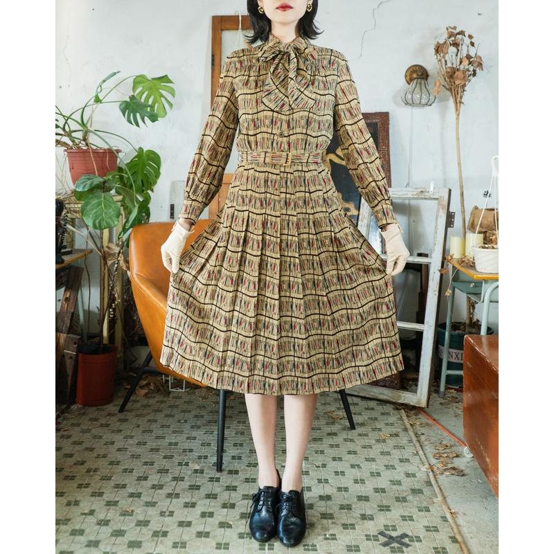Vintage Japanese Abstract Pattern Tie Collar Day Dress with Original Belt (MT1608-153)