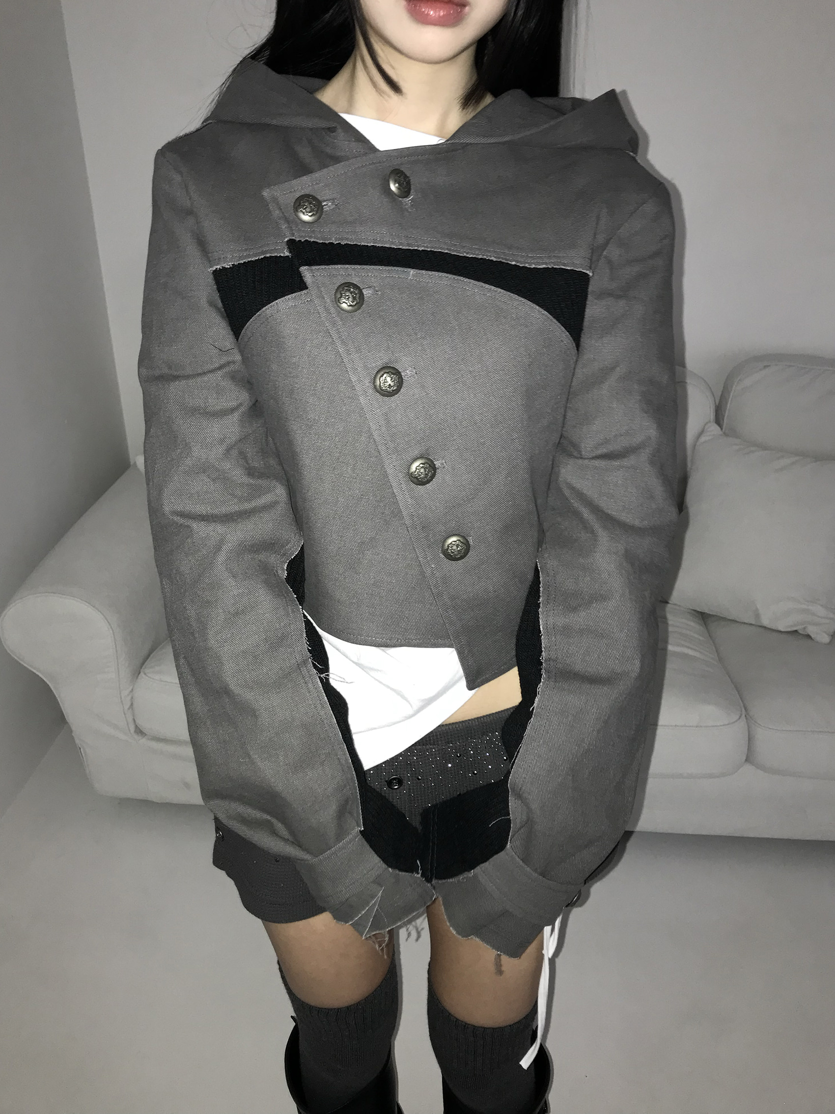 Asymmetric Raw-Edge Hooded Cropped Jacket
