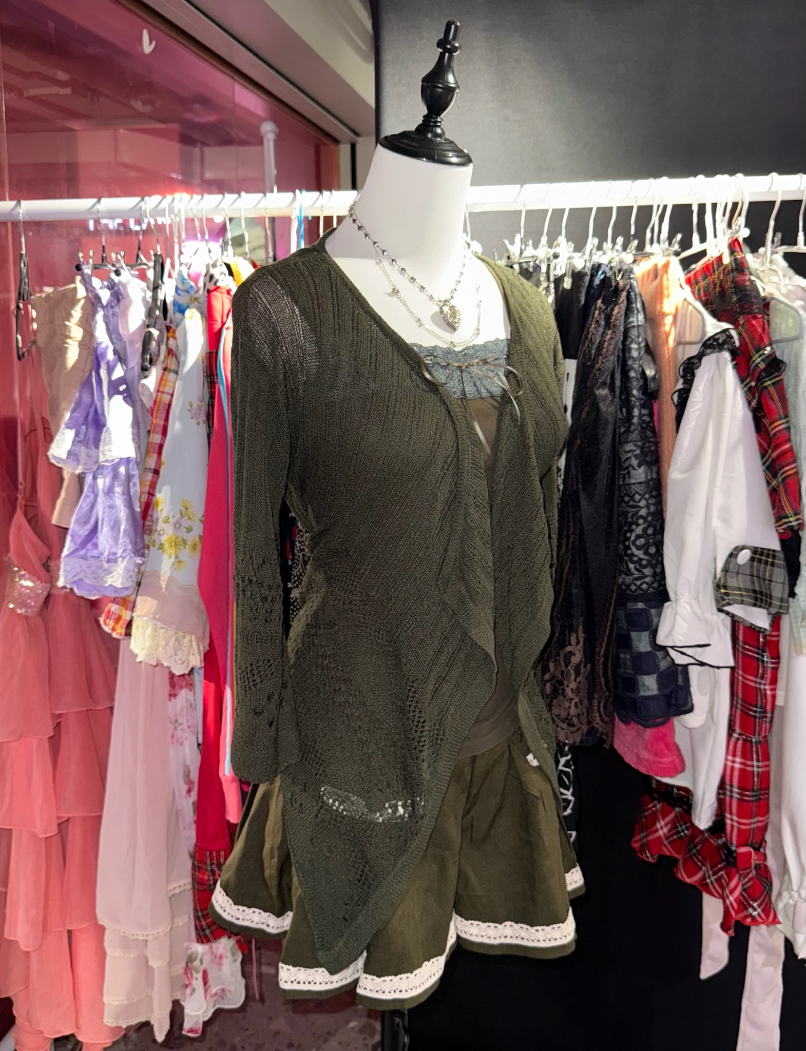Dark Green Knitted Cardigan Lace Shorts Set