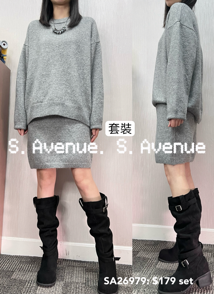 SA26979: 長袖鬆身淨色冷top配直身冷裙套裝