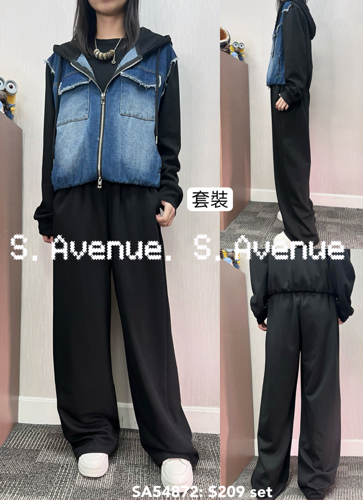 SA54872: 長袖有帽前牛仔衞衣拉錬外套配拼長褲套裝