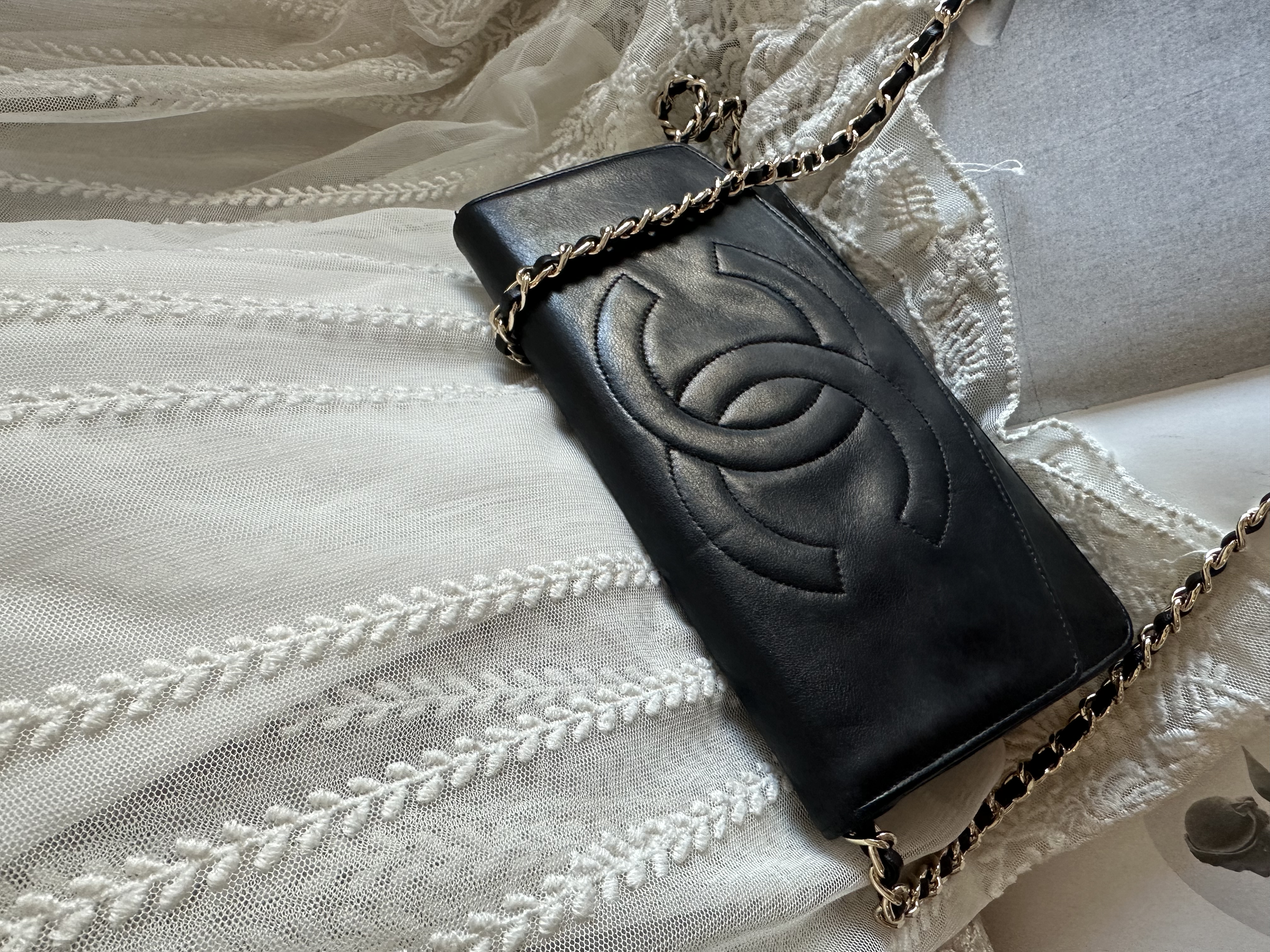 vintage chanel cc black lamb leather long wallet