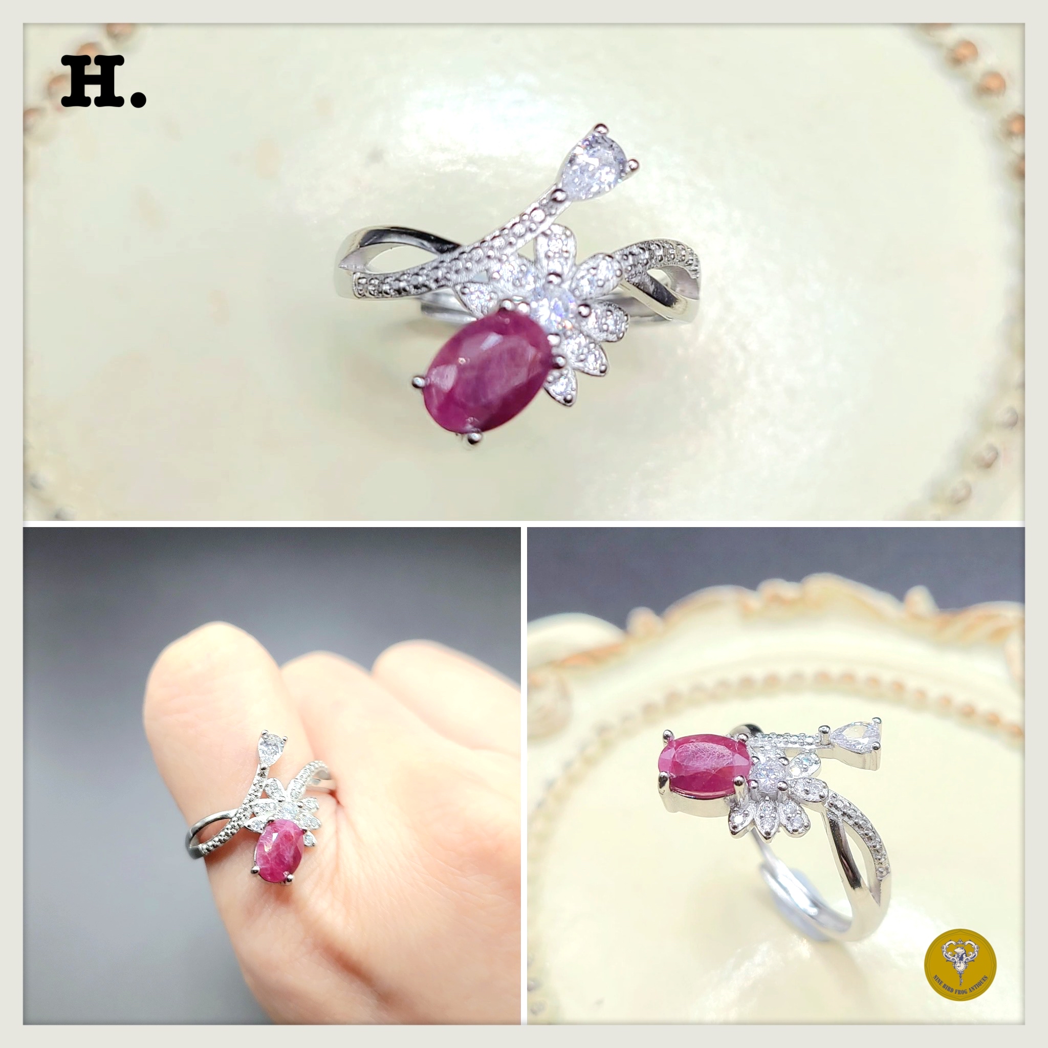 天然紅藍綠寶石銅鍍白金戒指