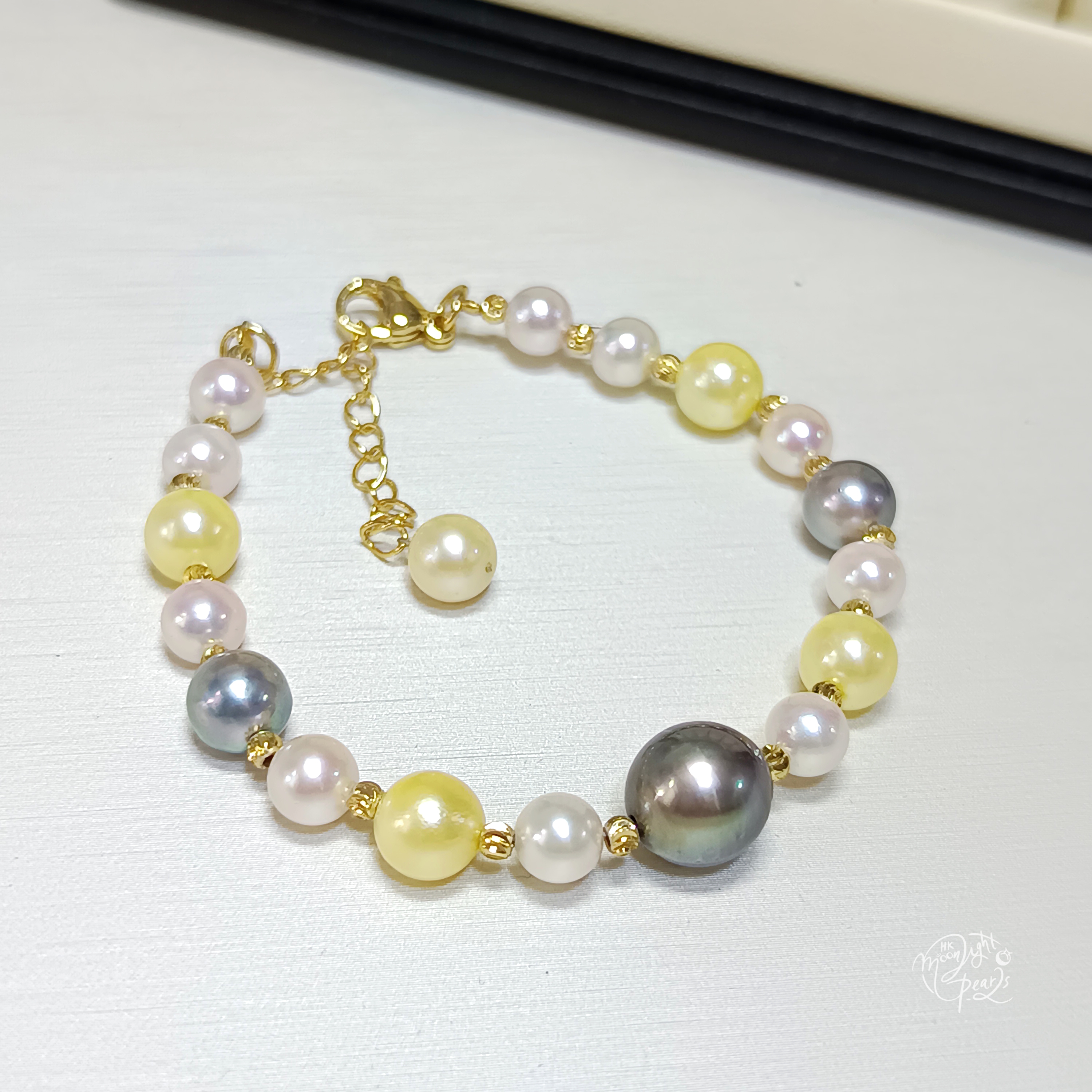 正圓極強光日本akoya 糖果色海水珍珠+大溪地海水珍珠注金尾鍊口手鍊