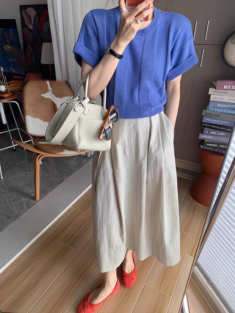 Ribbed Cotton-Blend Knit Top with Vertical Stripes ‖ 立体条纹针织短袖上衣KR0131171