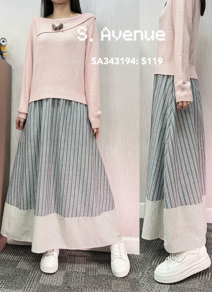 SA343194: 橡筋腰A字直條拼格裙