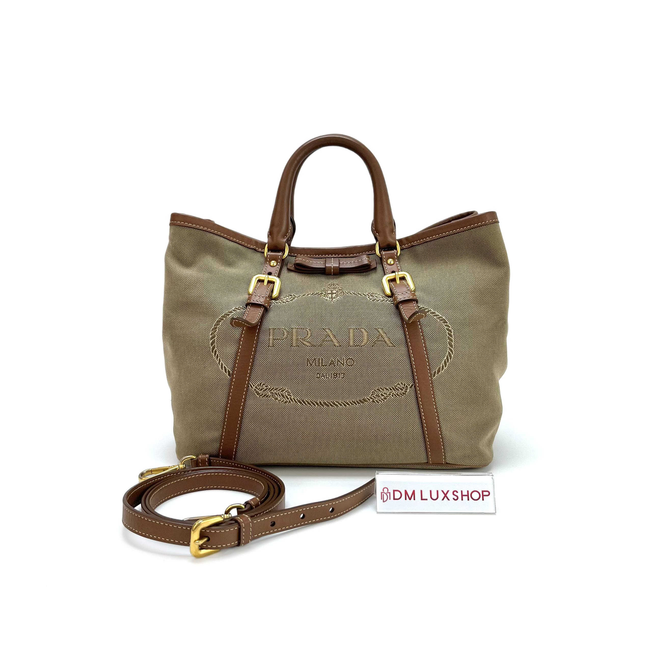 Prada Brown Logo Jacquard Bow Tote Bag GHW