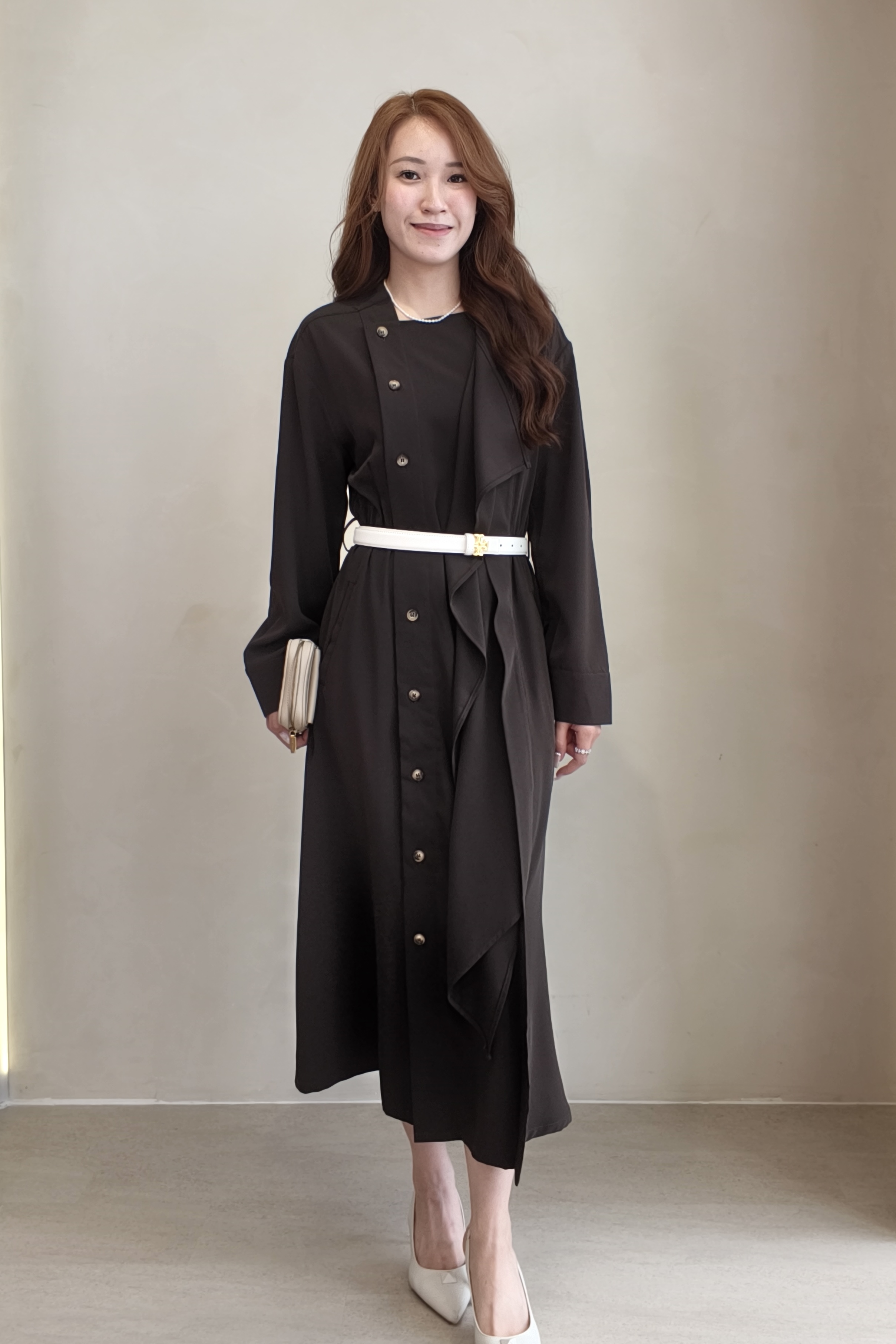 CD2092 Elegant Asymmetrical Button Tie-Waist Midi Dress