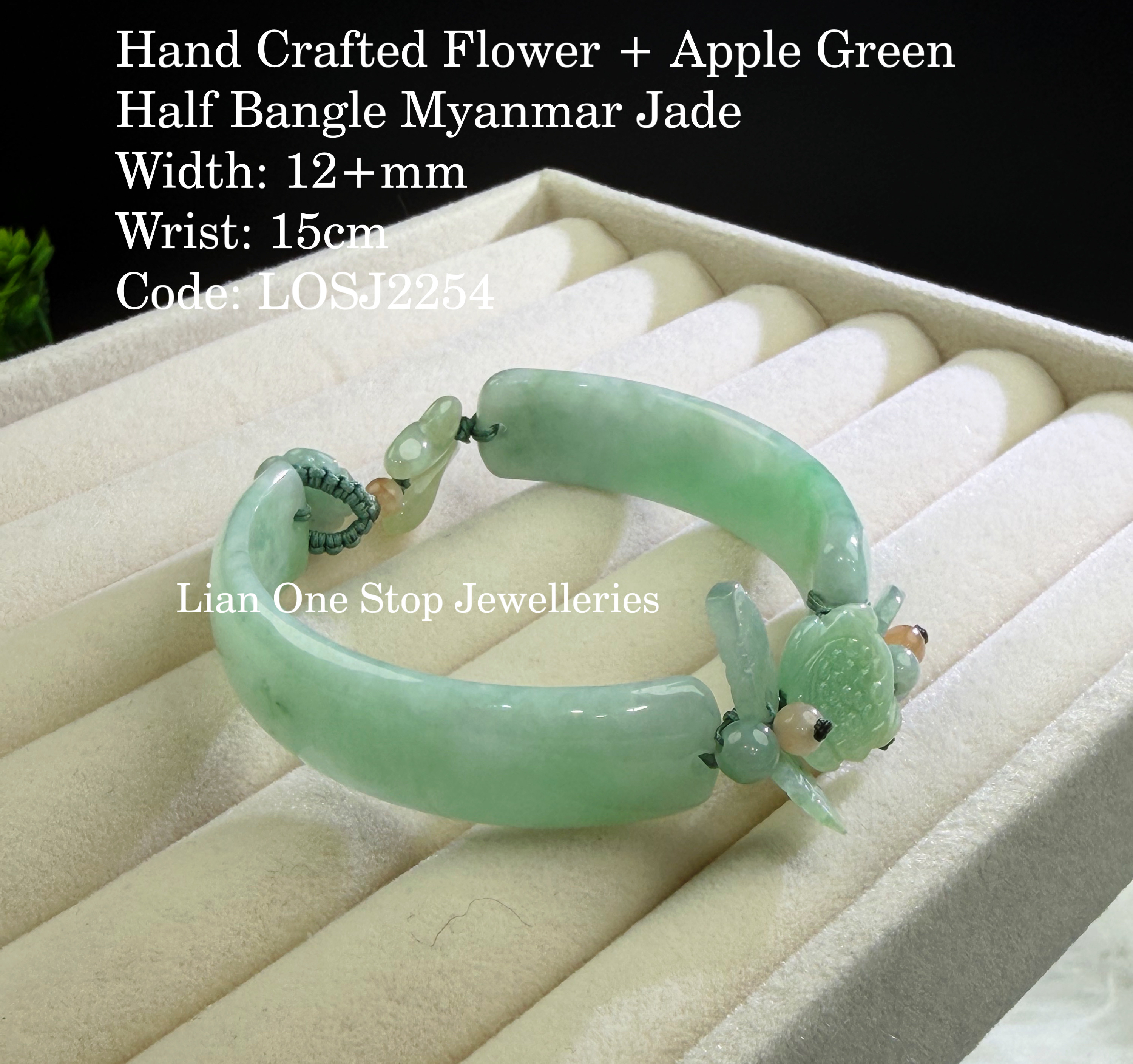 Code: LOSJ2254 Hand Crafted Flower + Apple Green Half Bangle Myanmar Jade 